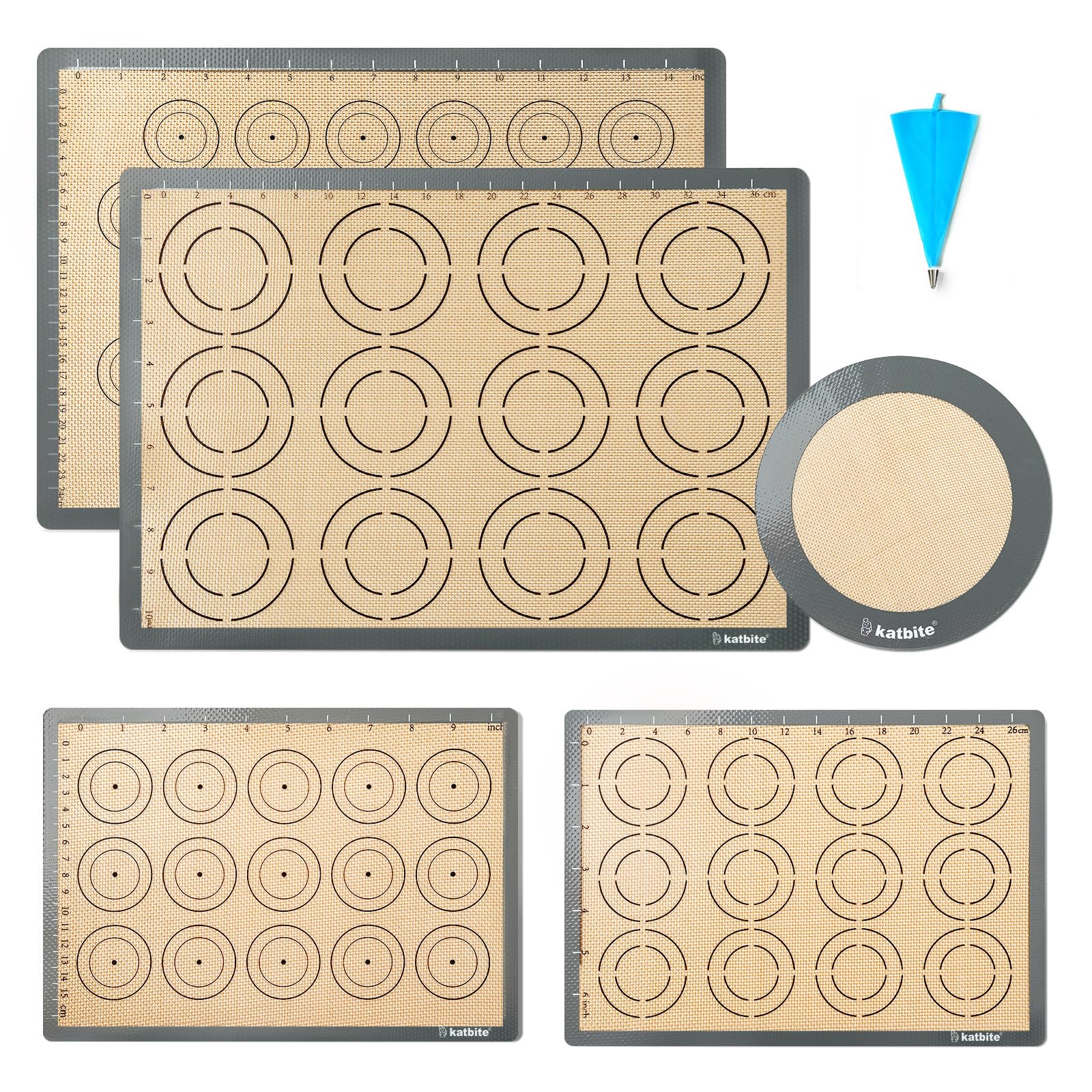 Silicone Baking Mat Set Of 5, Katbite Food Grade Non-Stick Reusable Cookie Sheet Bakeware Mats For Making Macaron, Cookie, Pizza