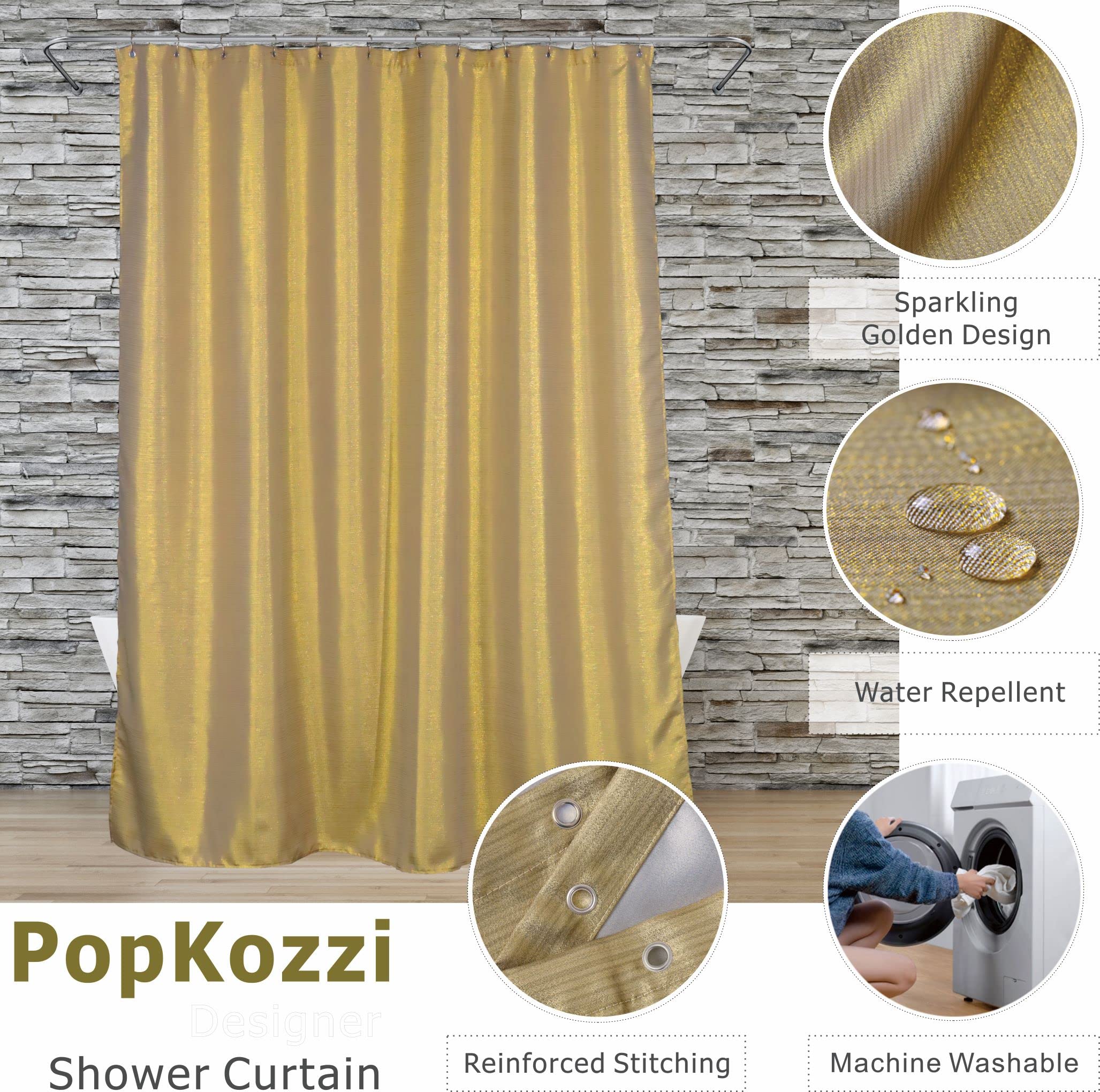 Popkozzi Gold Shower Curtains For Bathroom: Glitter Sparkle Bling Fabric Decorative Shower Curtain - Waterproof Washable Luxury