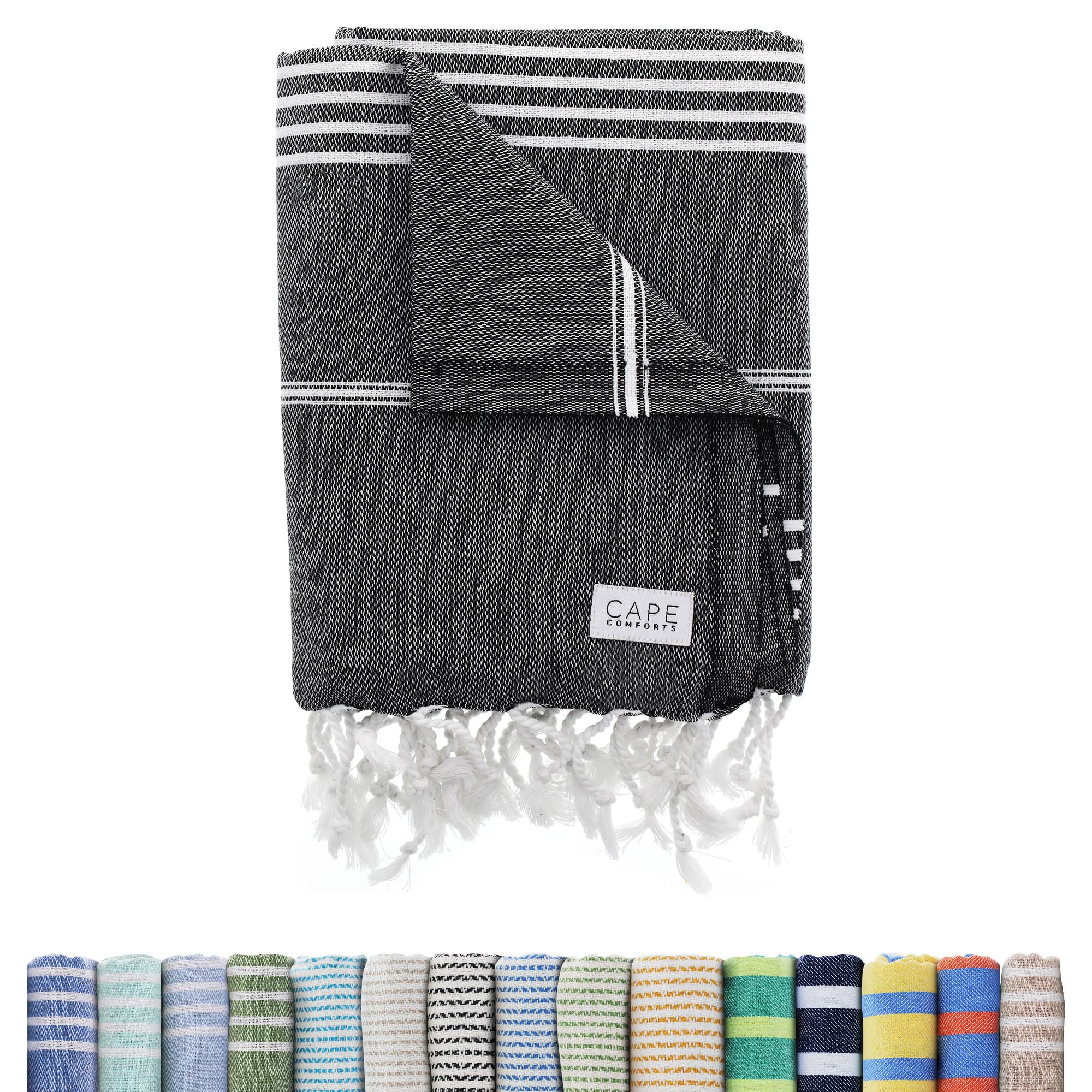 Cape Comforts Large Turkish Beach Towel, Classic Black - Super Soft & Lightweight Quick Dry Absorbent Towels For Beach, Picnic B