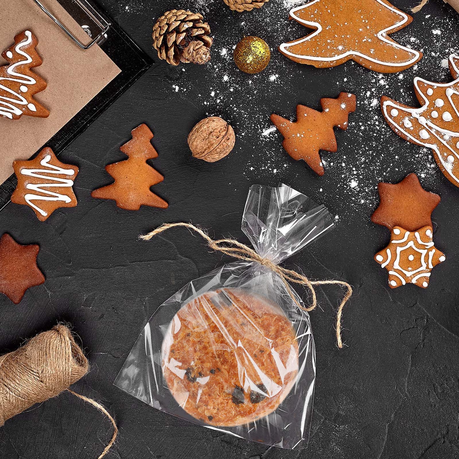 100 Pcs 7 In X 5 In(1.4Mil.) Clear Flat Cello Cellophane Treat Bags Good For Bakery, Cookies, Candies,Dessert With Random Color