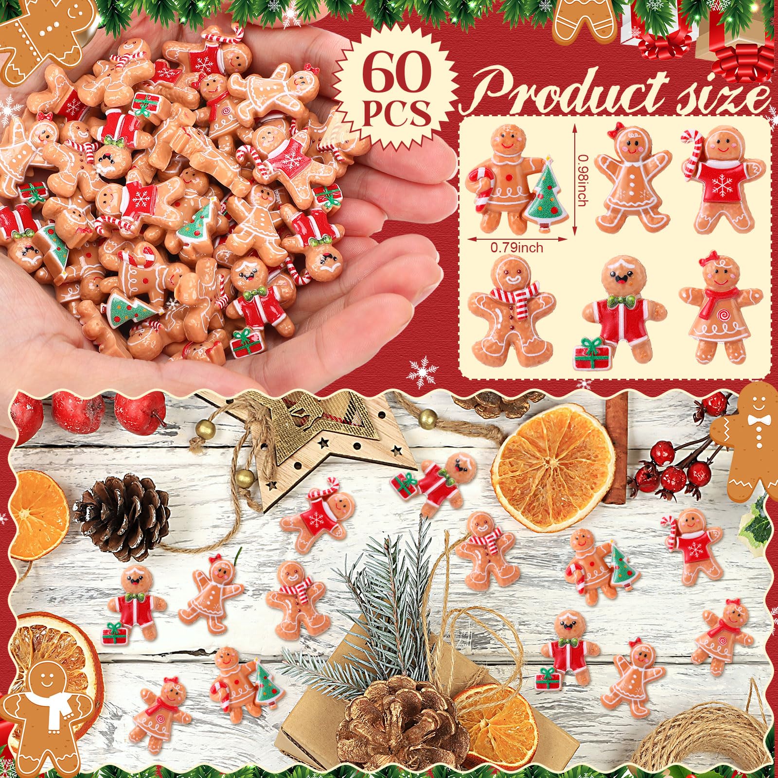Simgoing 60 Pcs Mini Christmas Gingerbread Man Decorations Set Christmas DIY Craft Accessories Miniature Assorted Flat Back Resi