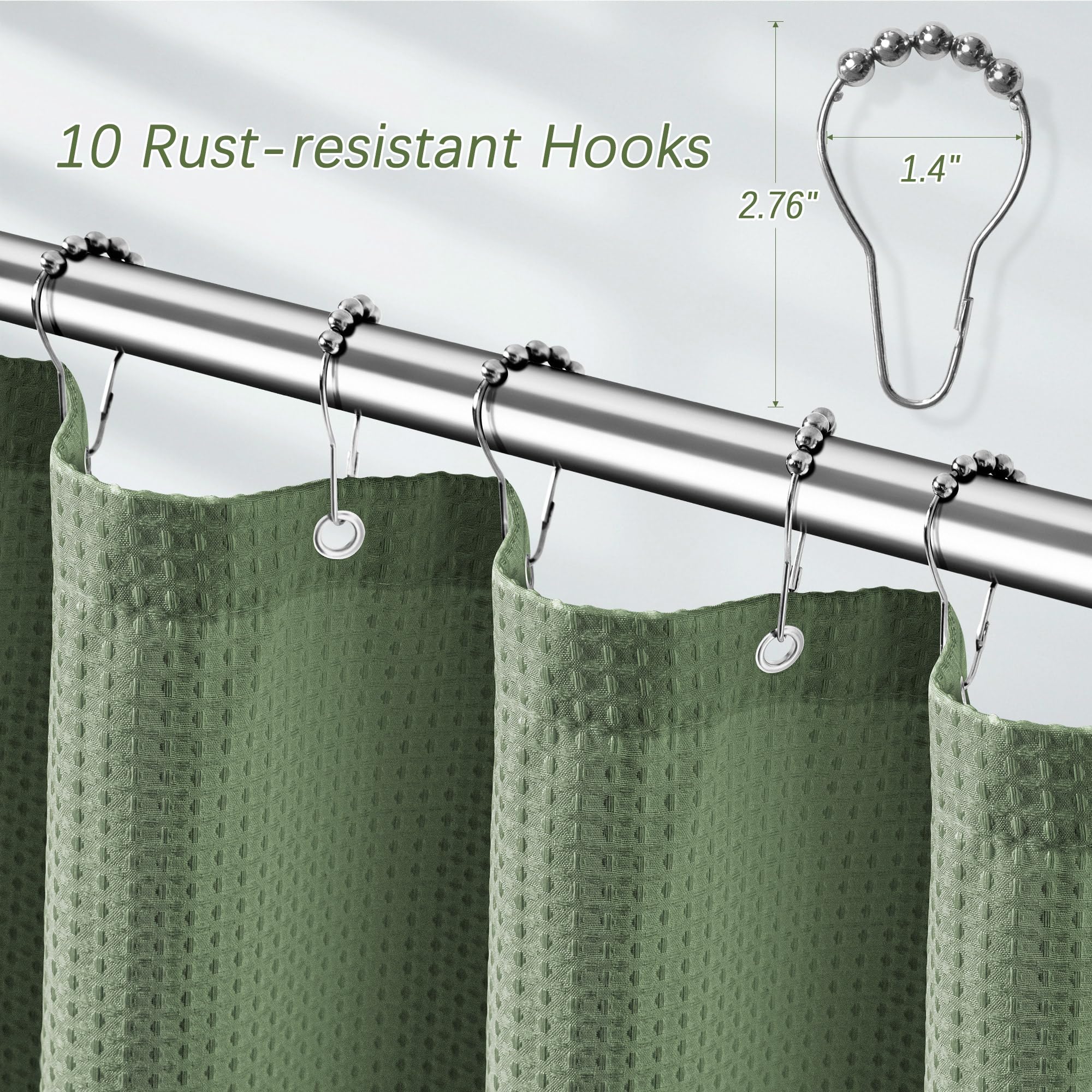 Pangsinne 60 Inch Waffle Shower Curtain - Heavy Duty Thick Fabric Green Shower Curtains For Bathroom, Weighted Hotel Spa Luxury