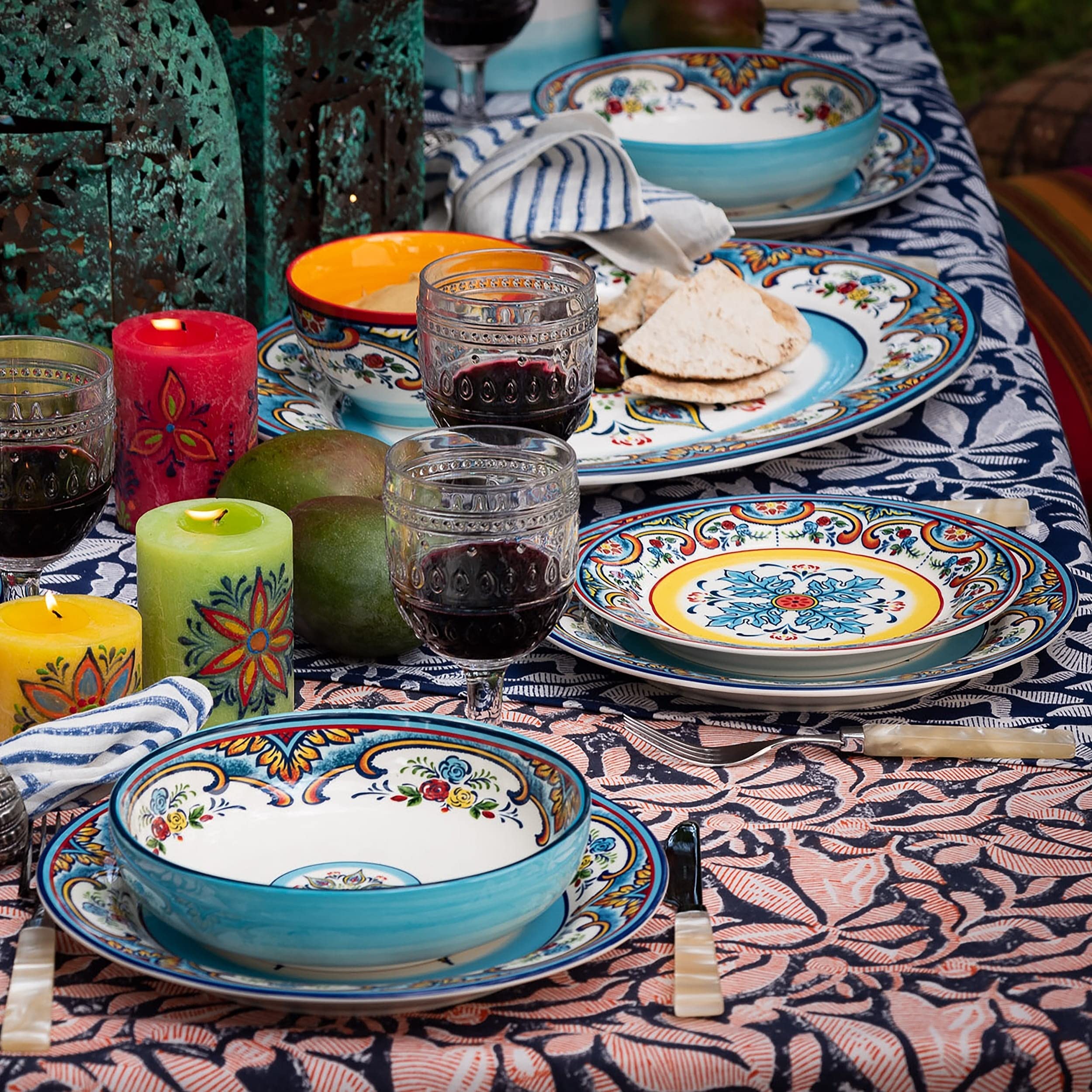 Euro Ceramica Zanzibar Collection Vibrant 20 Piece Oven Safe Stoneware Dinnerware Set, Service For 4, Spanish Floral Design, Mul