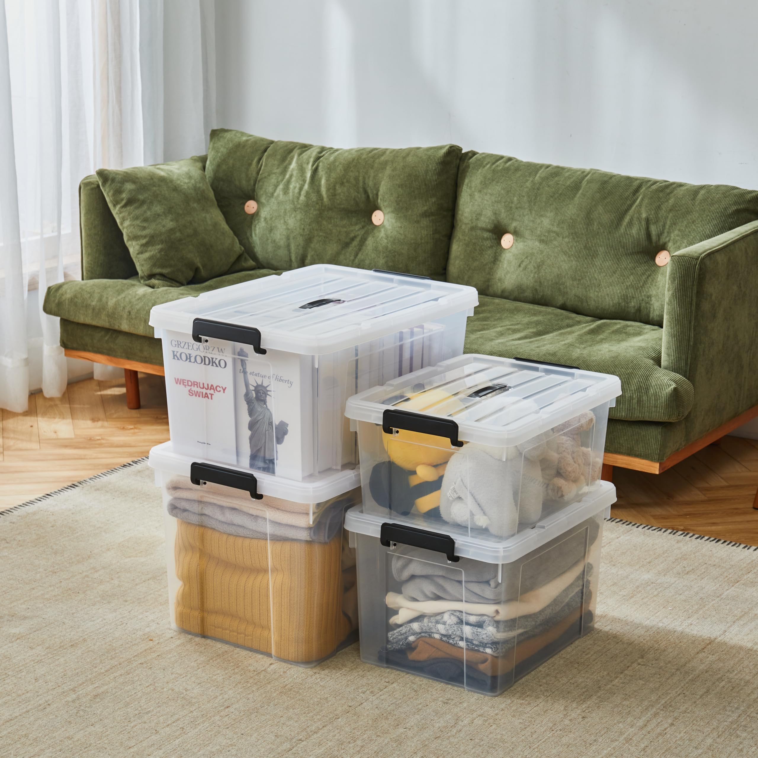 Cetomo Plastic Storage Bin Box Organizing Container With Lid And Secure Latching Buckles, Clear, 95Qt X 6, Pack Of 6