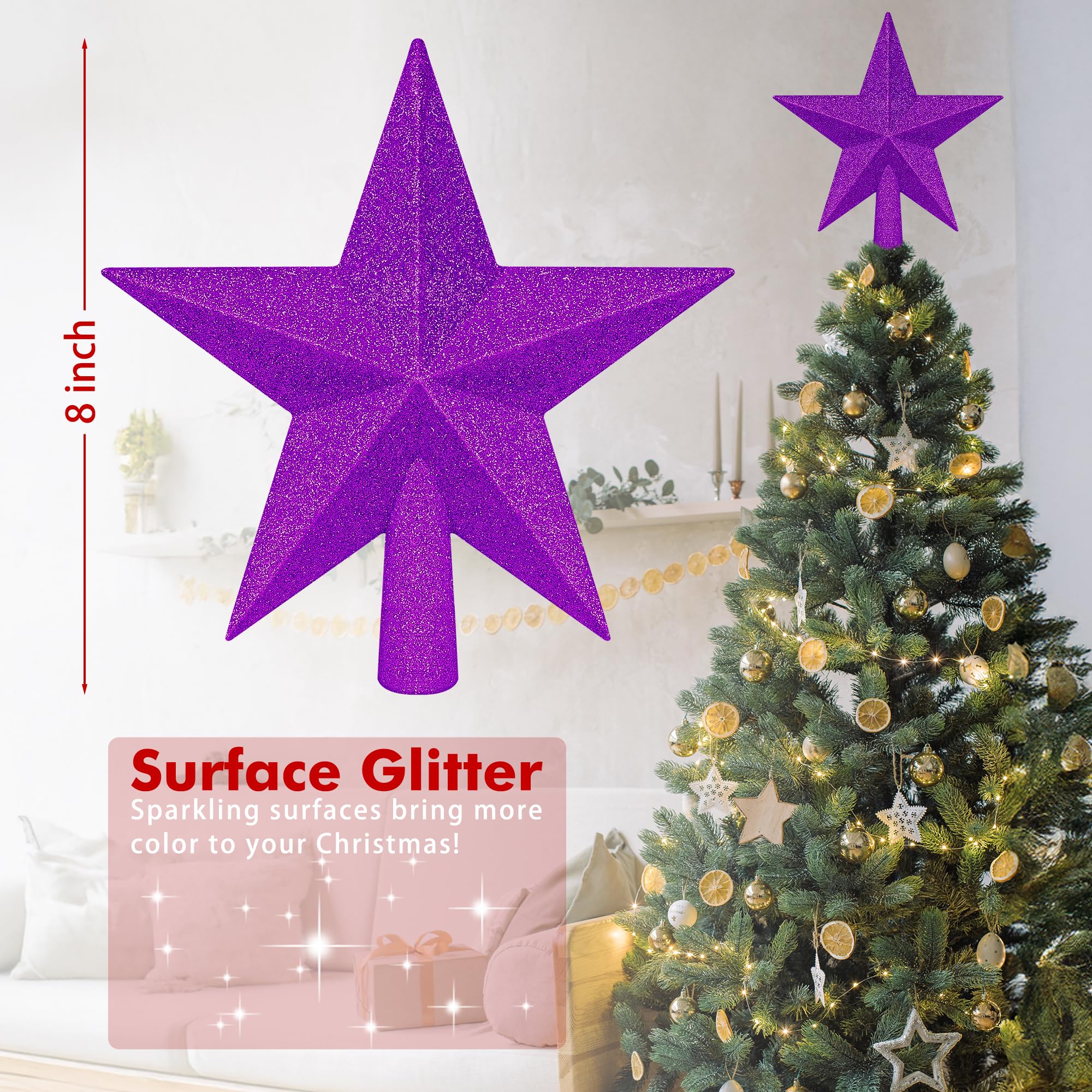 Christmas Tree Decor, 8 Purple Star Christmas Tree Topper Decorations, Xmas Glitter 3D Bethlehem Tree Ornament, Waterproof Holid