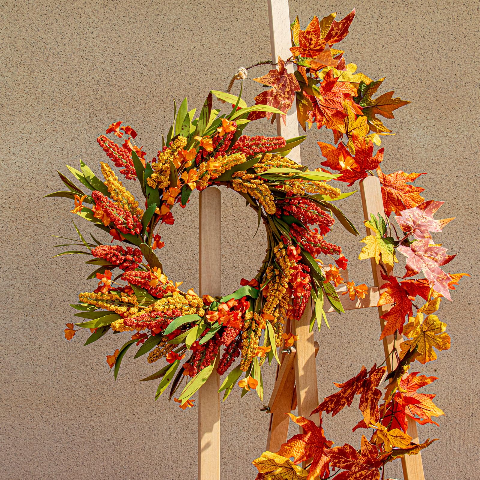 VioletEverGarden Fall Wreaths for Front Door 20 Inch Artificial Fall Wreath Orange Autumn Wreath with Wildflower and Eucalyptus