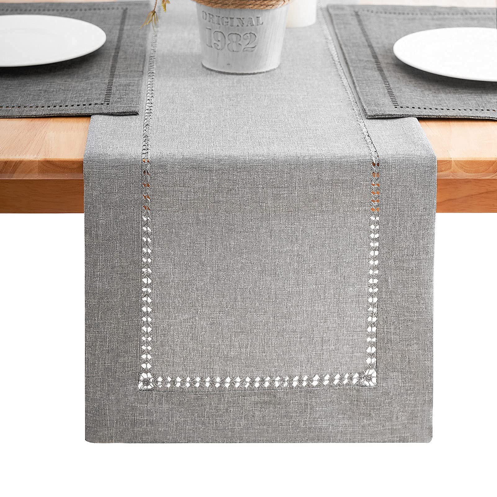 Arksu Handmade Hemstitch Polyester Table Runner Hollow Simple And Farmhouse Style For Everyday Dining Wedding Party Holiday Home