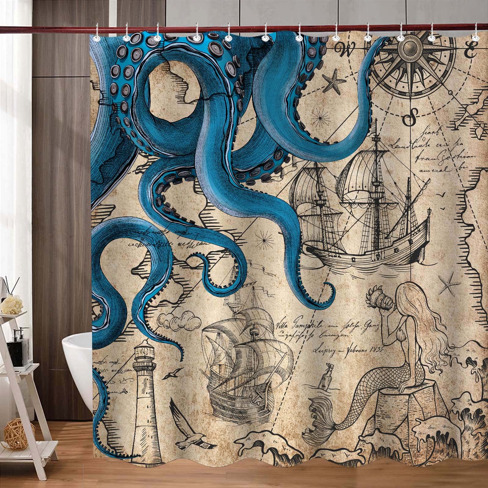 Fungarth Vintage Nautical Octopus Shower Curtain Navy Blue Mermaid Funny Ocean Kraken Shower Curtains For Bathroom Anchor Coasta