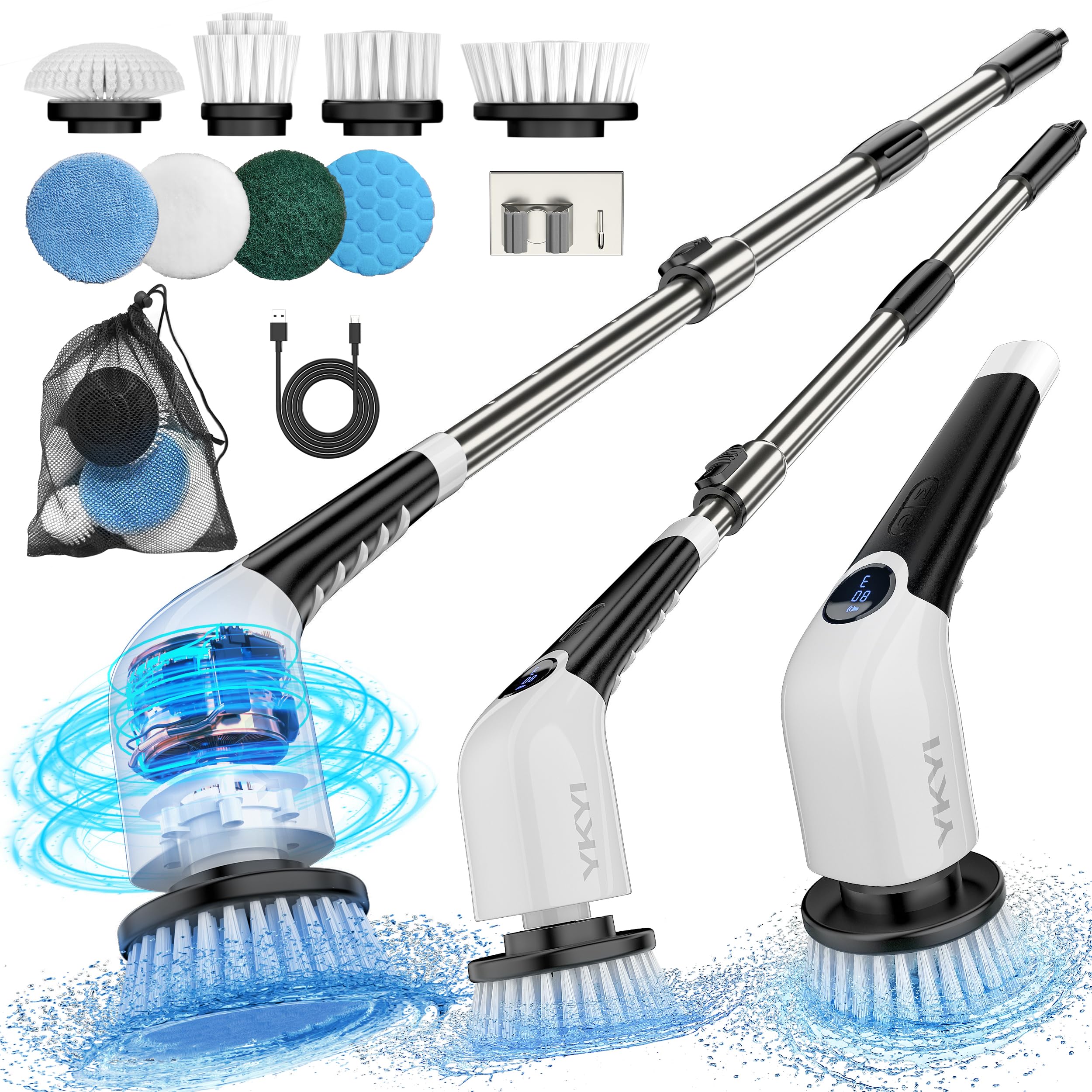 Ykyi Electric Spin Scrubber,Cordless Cleaning Brush,Shower Cleaning Brush With 8 Replaceable Brush Heads, Power Scrubber 3 Adjus
