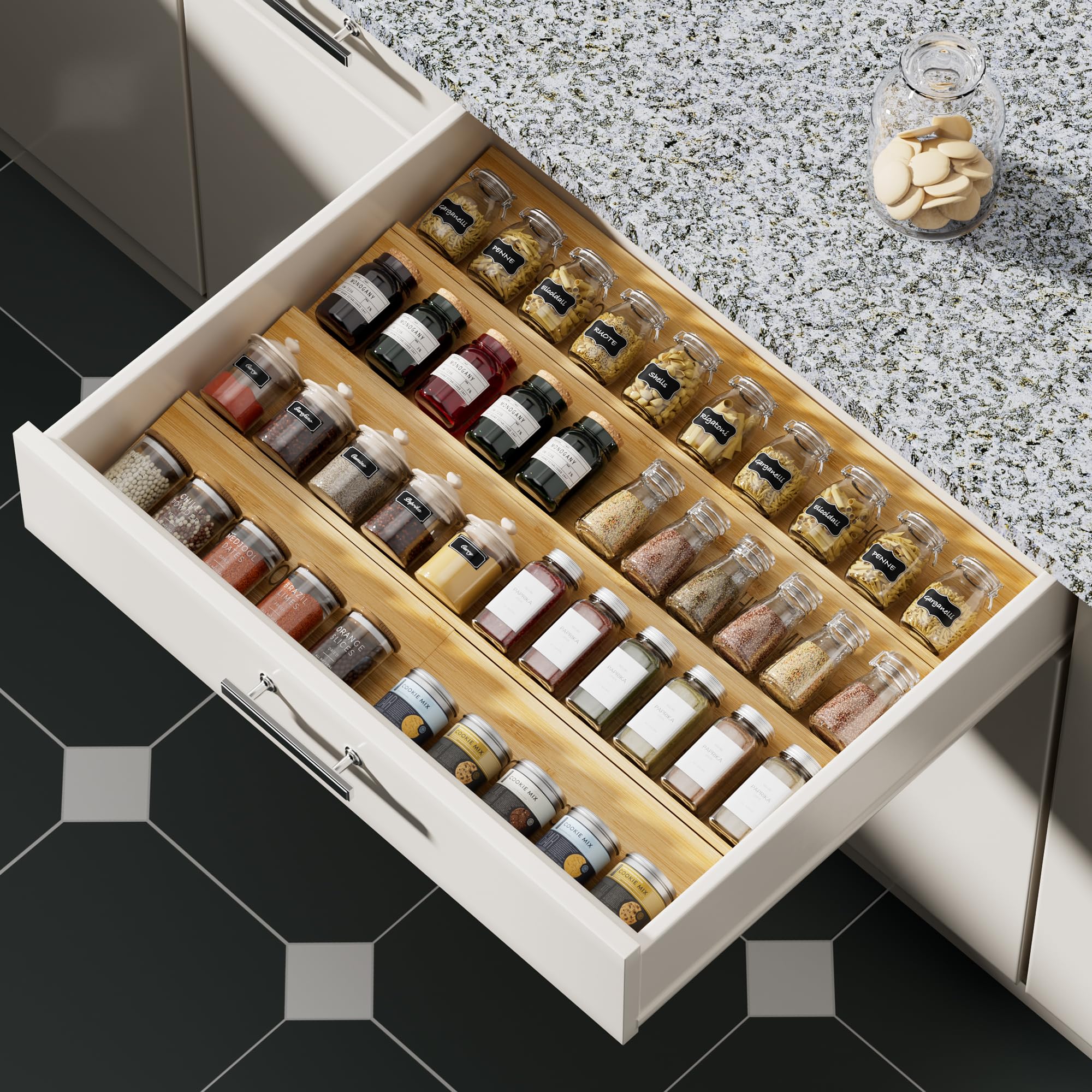 Feeling Mall Spice Drawer Organizer, 8 Tier Wooden Expandable From 66X52X4 Cm Seasoning Jars Drawer Insert, Kitchen Drawer Spice