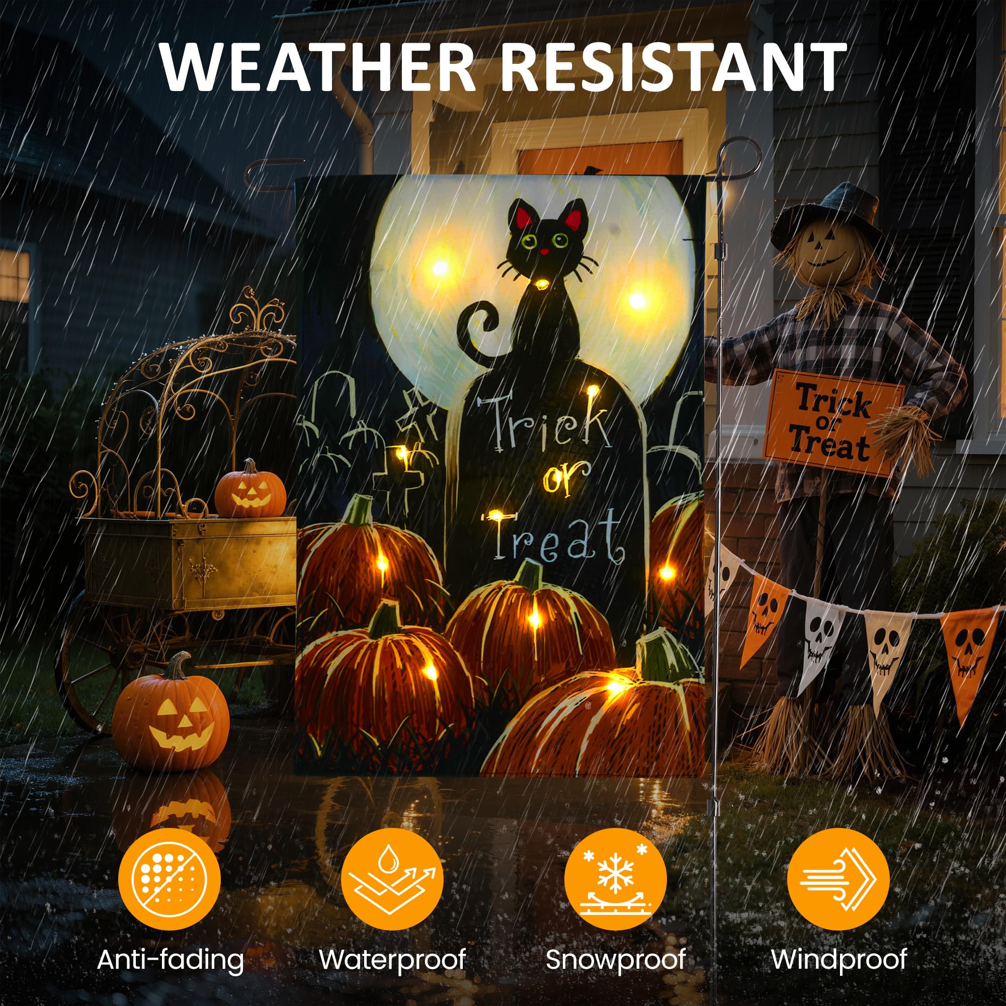 Solar Lighted Christmas Black Cat & Pumpkin Garden Flag Stake, Double-Sided Outdoor Yard Decor, LED Flag for Patio Lawn Thanksgi