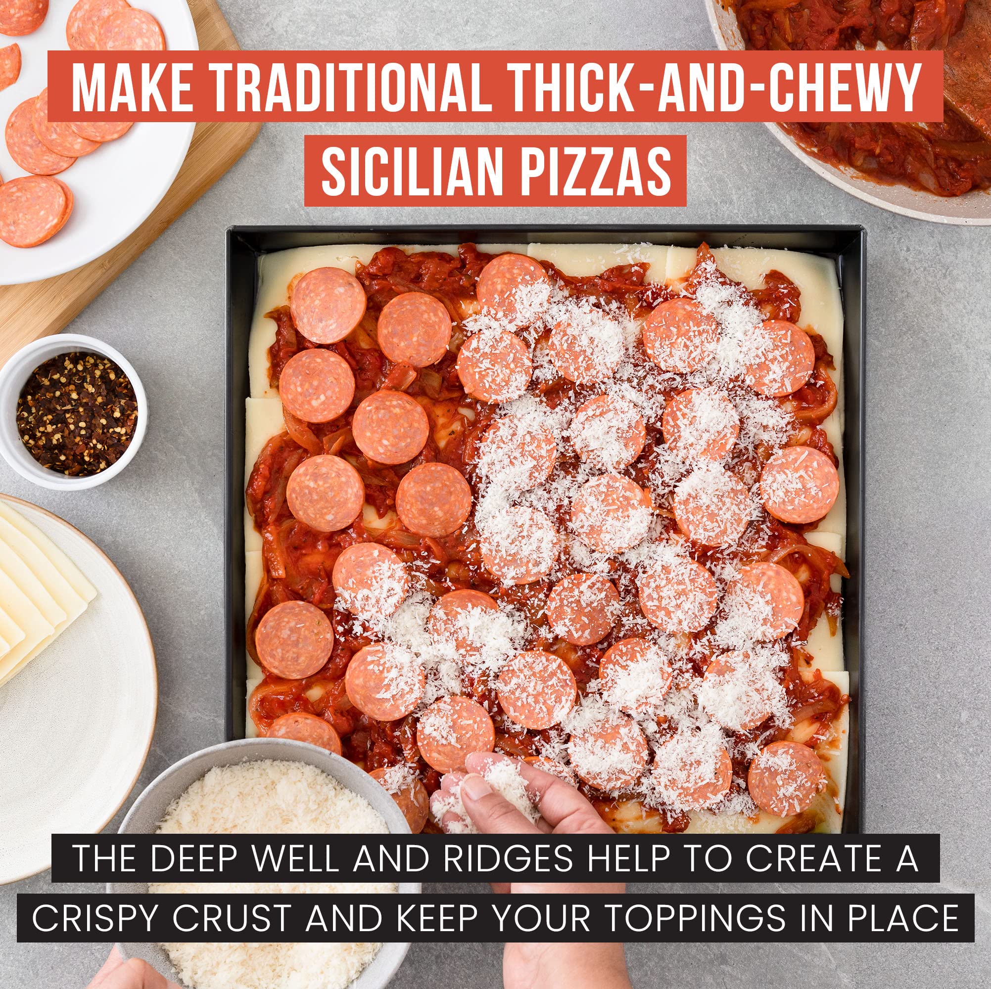 Chef Pomodoro Sicilian Deep Dish Square Pizza Pan, 13.2 X 13.2 X 1.5 Inch, Non-Stick Aluminum, Focaccia Crust, Dough Pre-Seasone