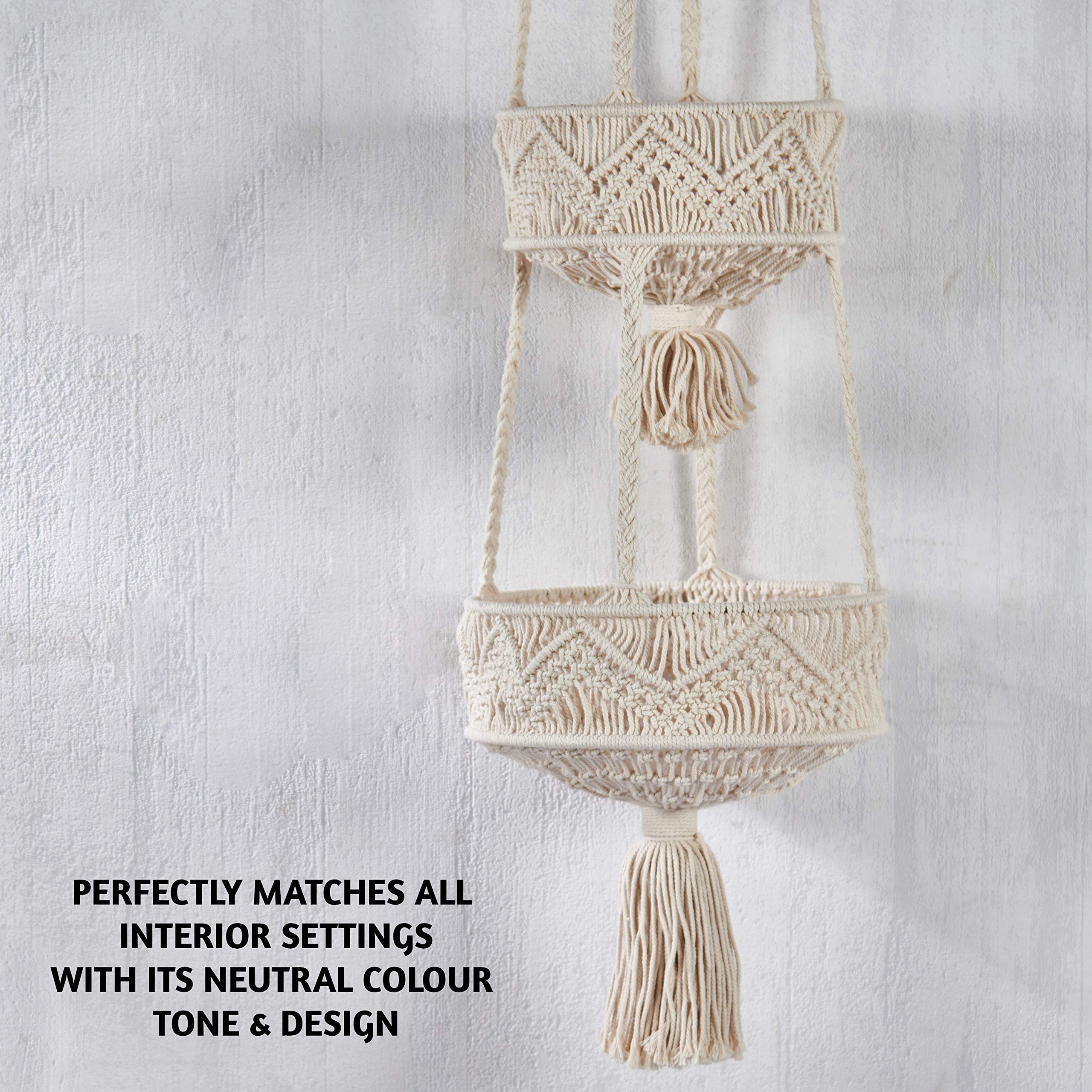 Folkulture 3 Tier Hanging Fruit Basket For Kitchen, Macrame Hanging Basket For Fruit And Vegetable Storage, Boho Wall Baskets Fo