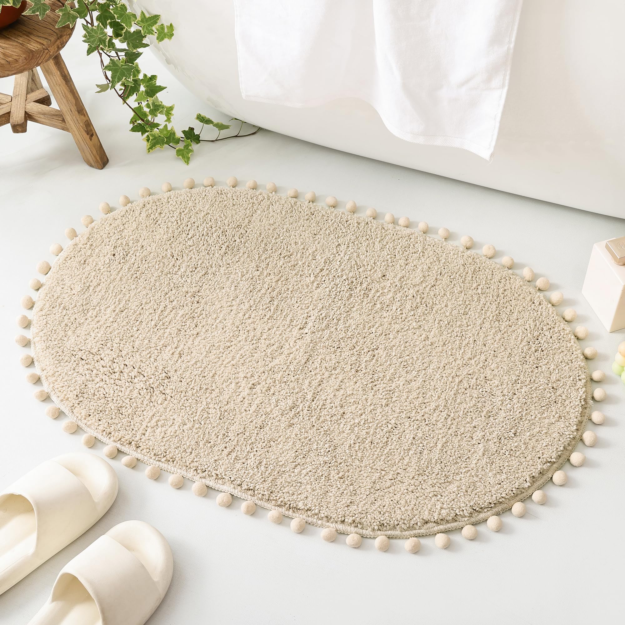 Yirddeo Oval Bathroom Rugs Beige Rug With Pom Cream Bath Mat For Bedroom Non Slip Cute Boho Absorbent Mats Soft Plush Washable R