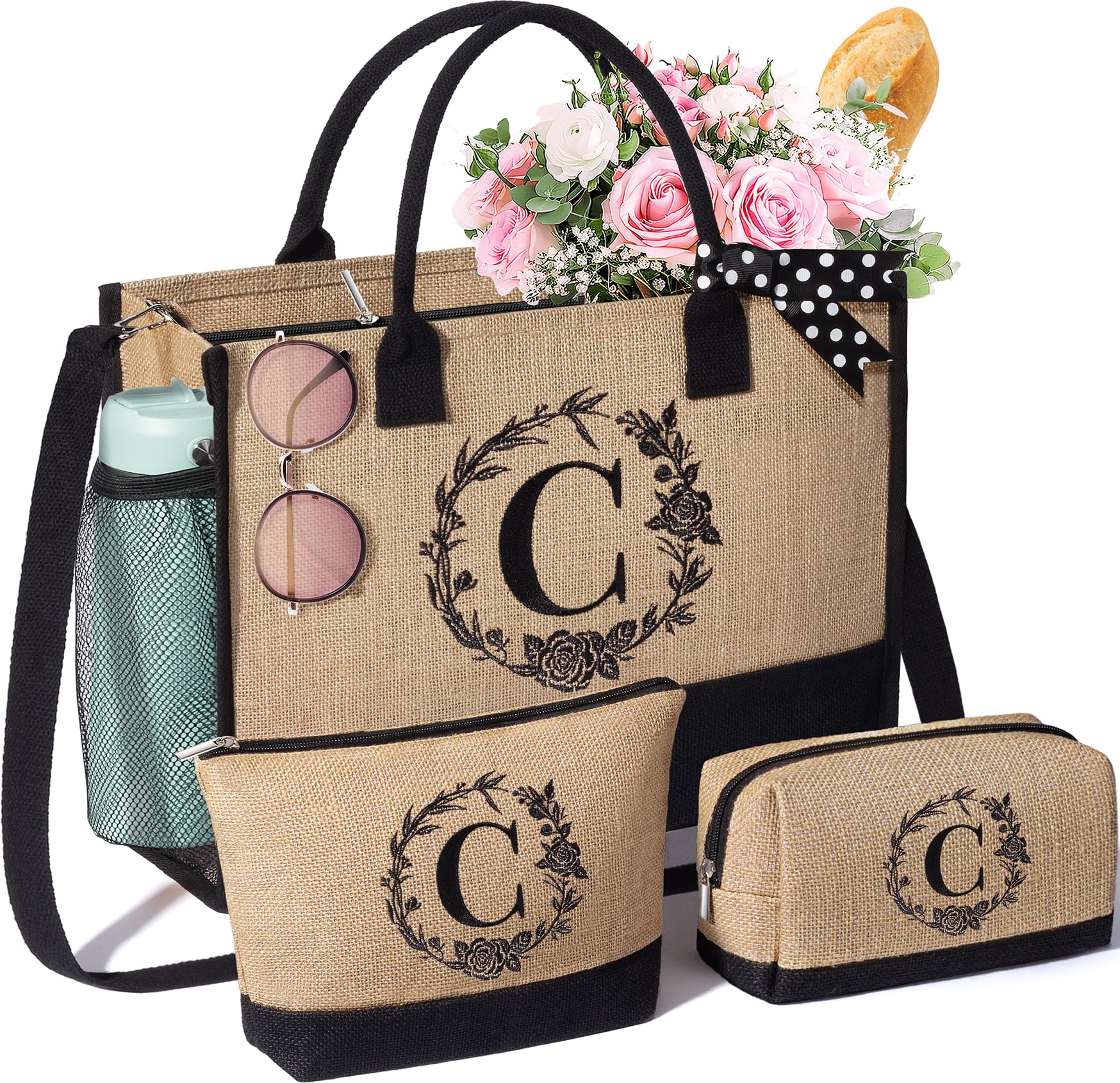 Personalized Valentines Day Gifts For Women Tote Bag, Initial Jute Tote Bag & Makeup Bags Monogrammed Beach Bag W/ Zipper, Birth