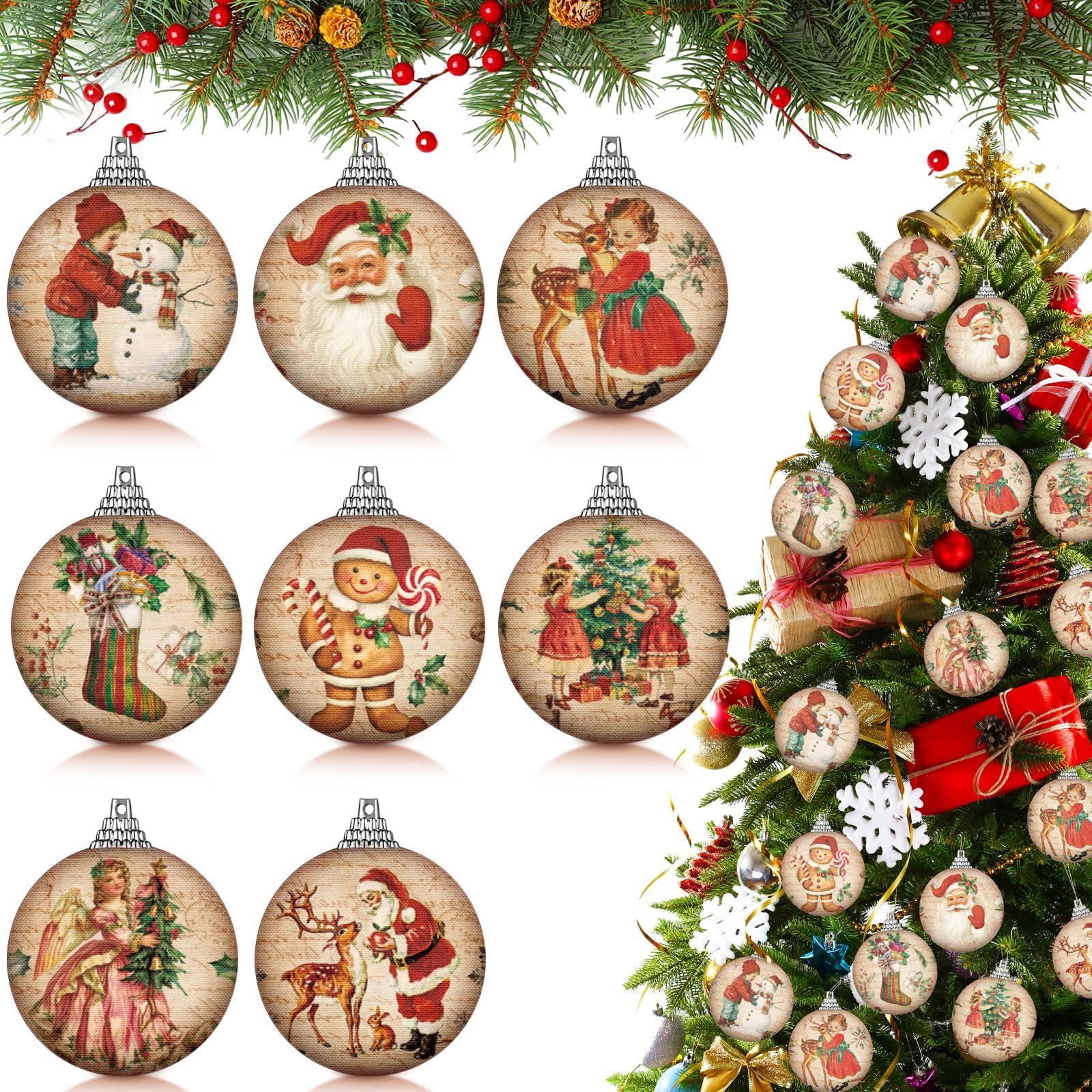 Outus 16 Pcs Christmas Tree Ball Ornaments Vintage Christmas Decorations for Tree Xmas Socks Gingerbread Decorative Hanging Orna