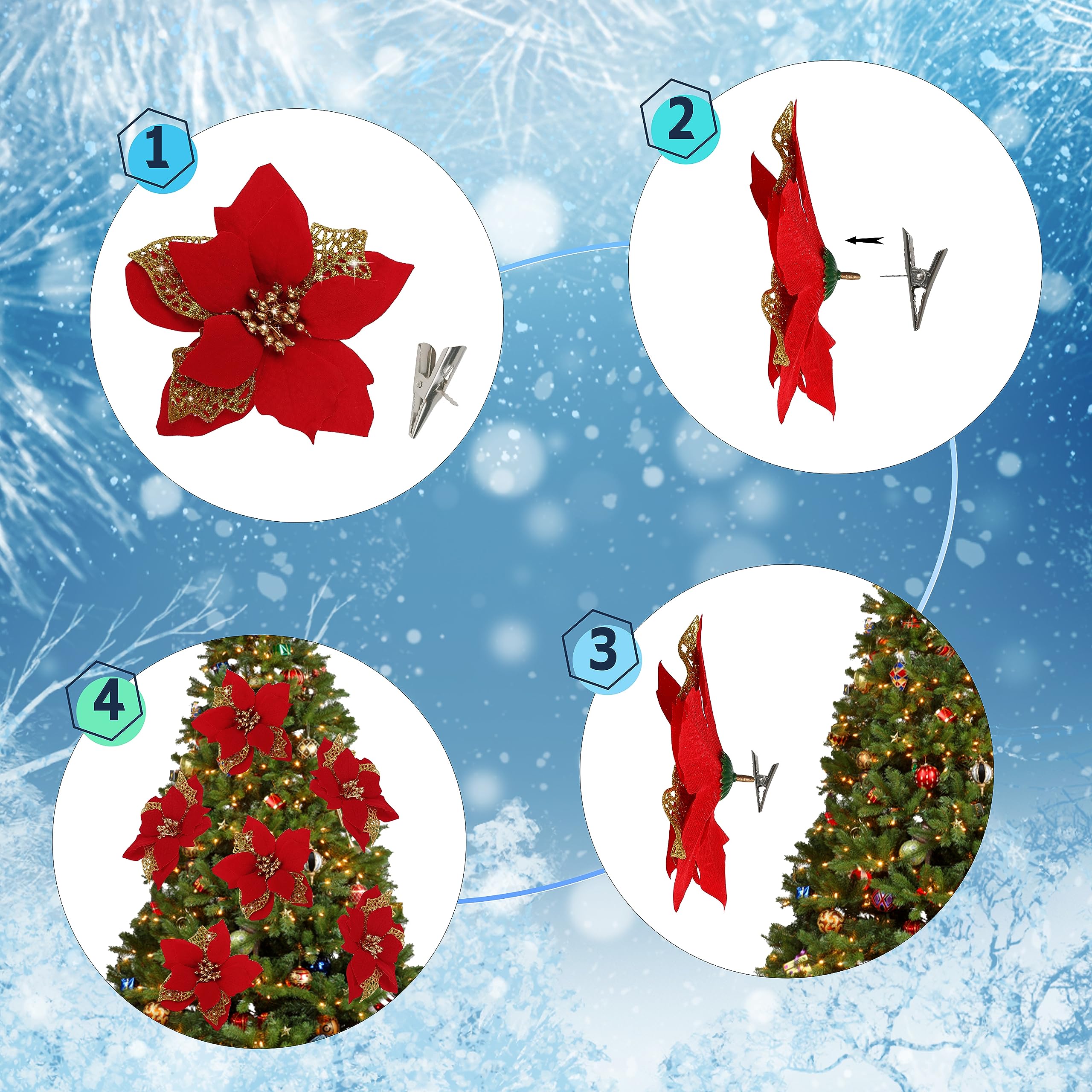 12 PCS Poinsettia Flower Artificial Poinsettia Christmas Decoration 5.9 Red Glitter Poinsettias Christmas Ornaments Christmas