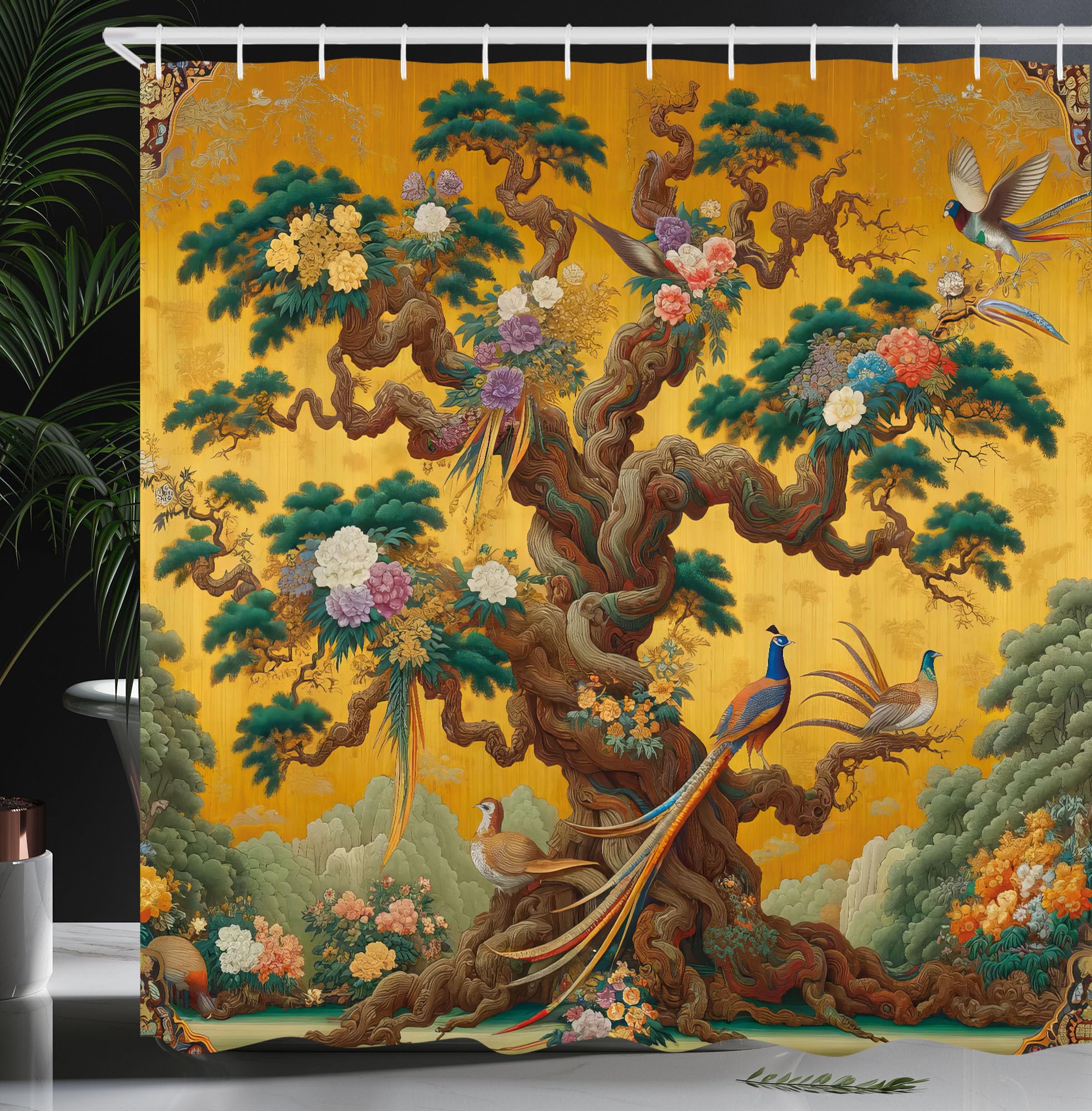 Ambesonne Vintage Shower Curtain, Cartoon Scenario Swirly Vines Of Earthy Tree With Leafy Floral Peacocks, Cloth Fabric Bathroom