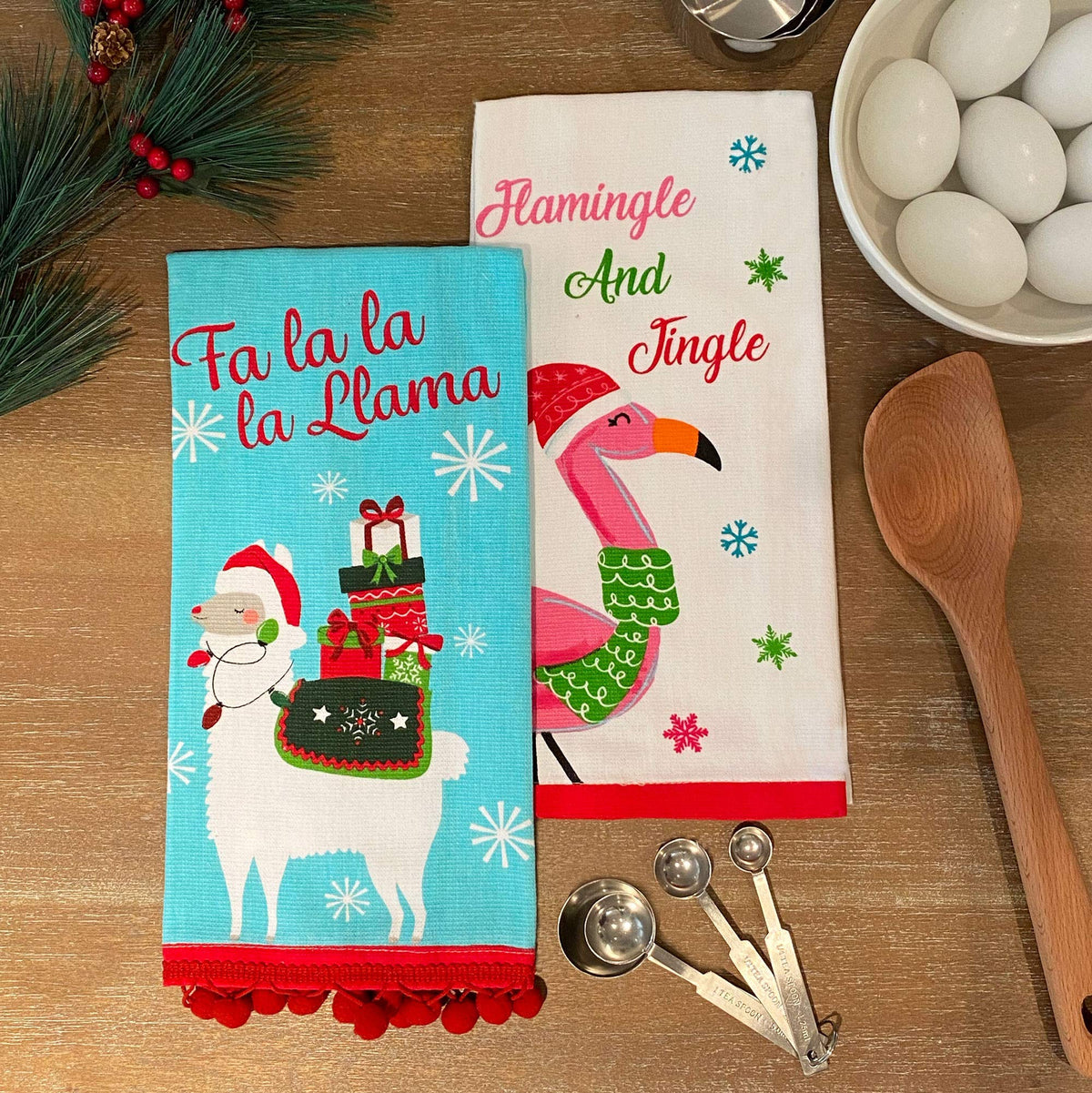 Elrene Home Fashions Pom Jingle Cotton Christmas Holiday Kitchen Dish Hand Towels, Set Of 2, 16 In X 26 In, Fa La Llama & Flamin
