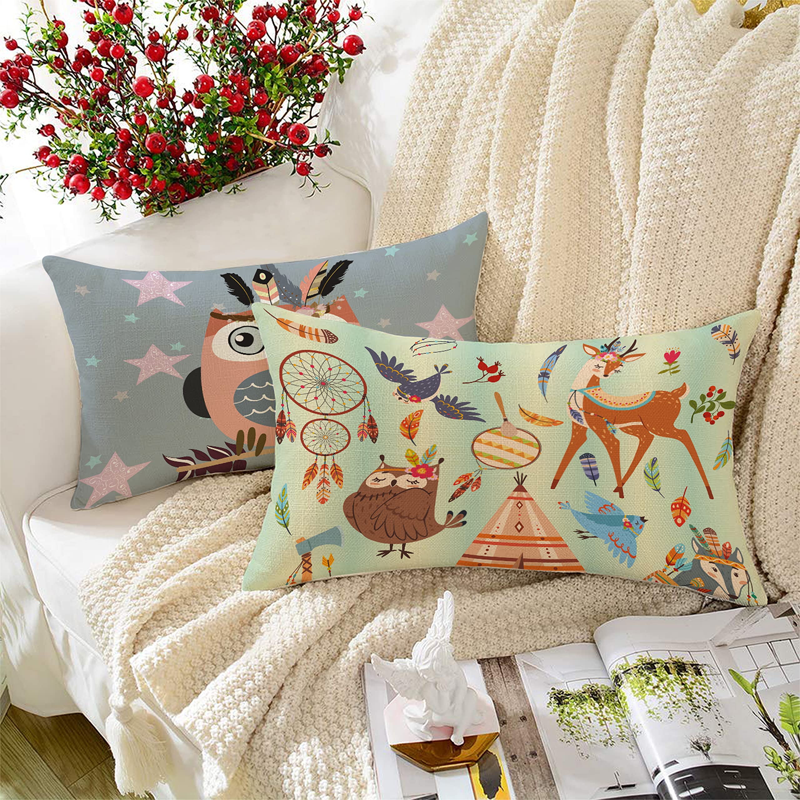 Amazon Brand - Umi Owl Theme Printed Polycotton Cushion Covers | Decorative Rectangular Throw Pillow Cases For Sofa, Living Room