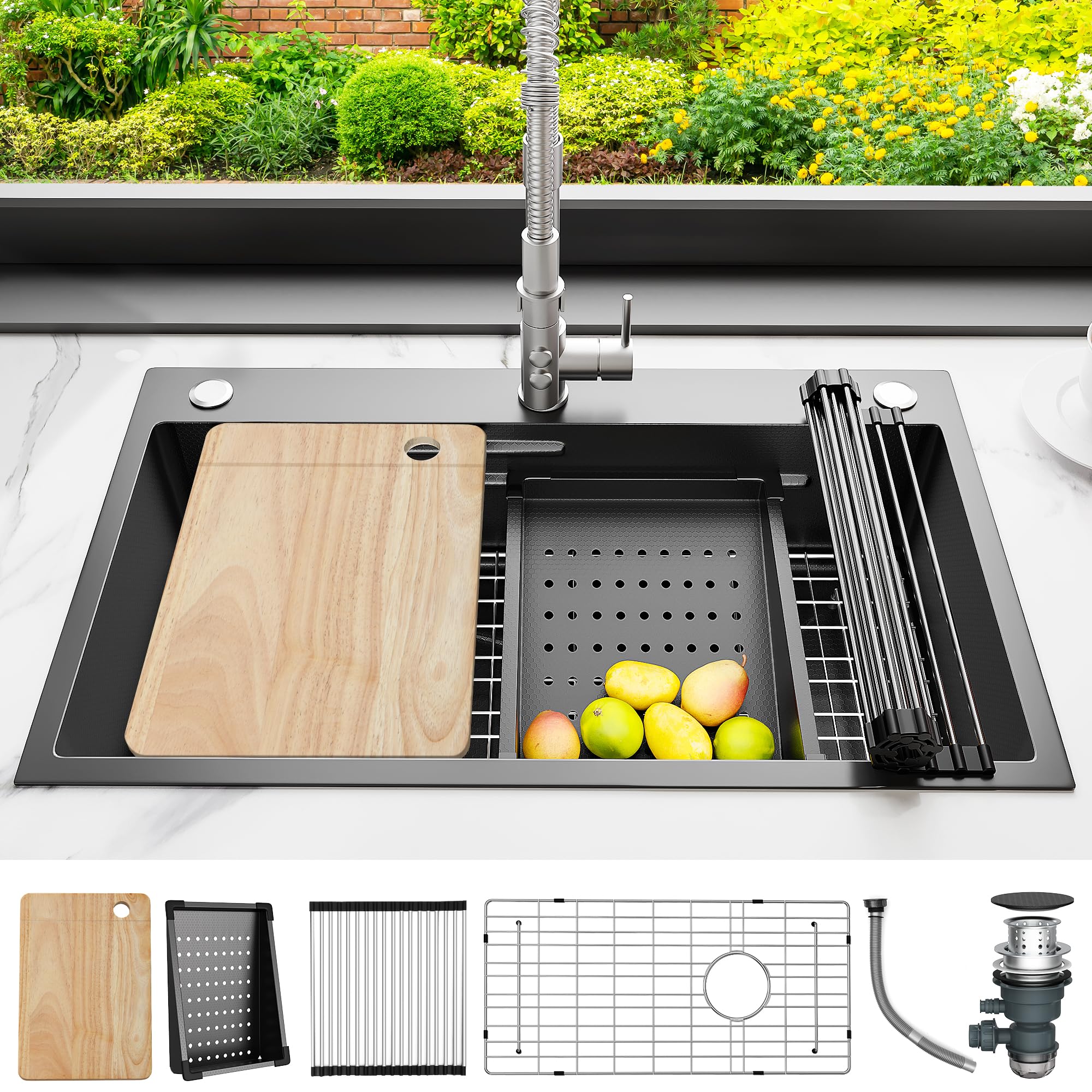 Yitahome Drop In Kitchen Sink Workstation 30 Inch, Top Mount Stainless Steel Nano Gunmetal Black Sink W/Cutting Board& Strainer,