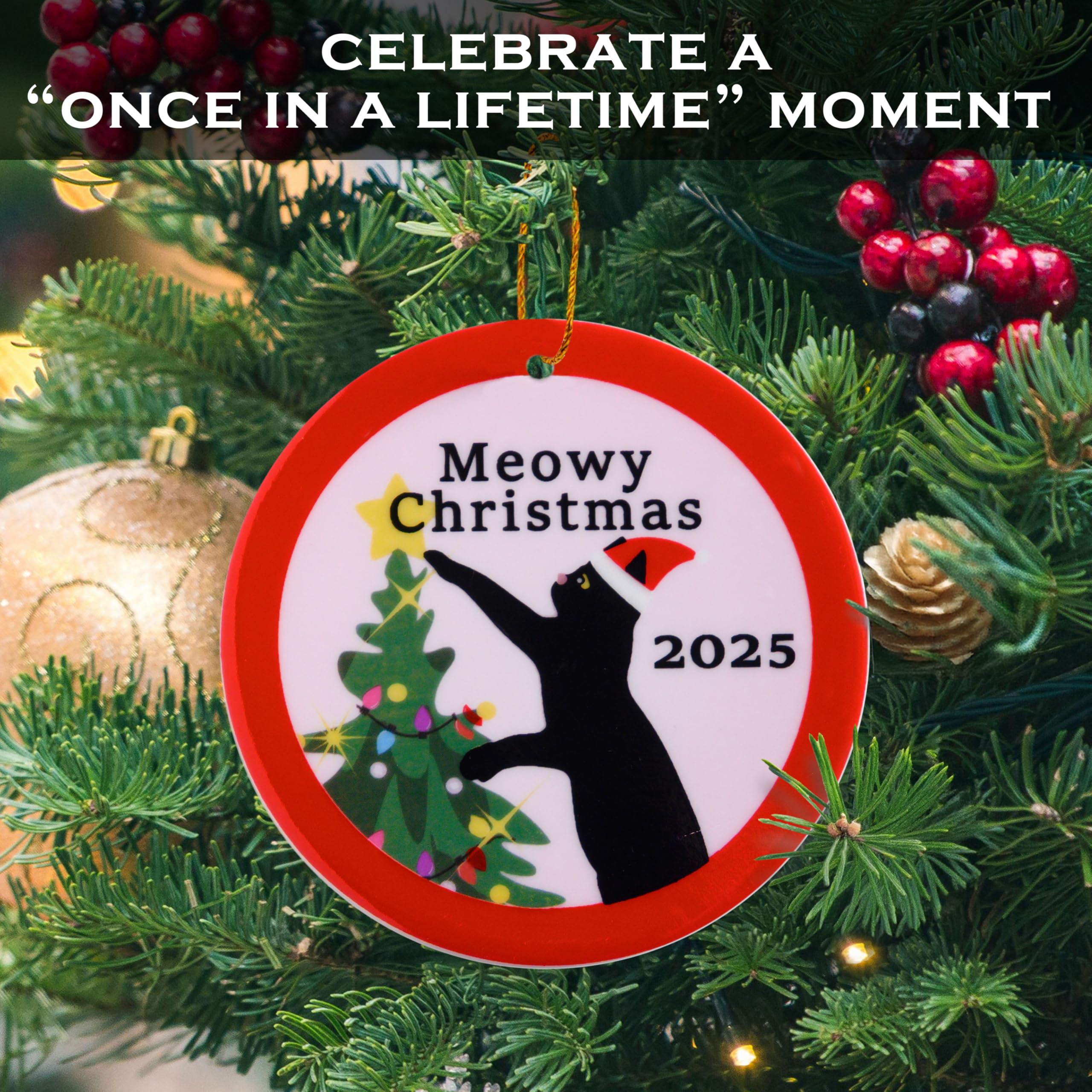 Meowy Christmas Cat Ornament 3 Inch, Black Cat Christmas Ornament, Funny CatLover Tree Ornament, Kitty Xmas Tree Decor, Kitten X