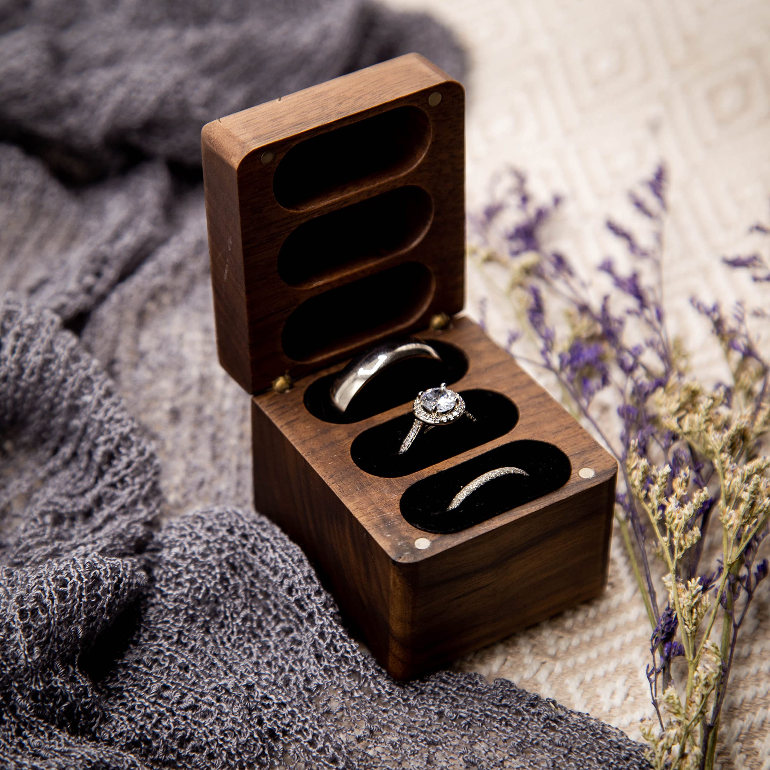 Muujee Wood 3 Slot Ring Box - Triple Wooden Ring Case Box For Wedding Ceremony Ring Bearer Box - Anniversary Birthday Gift Ideas