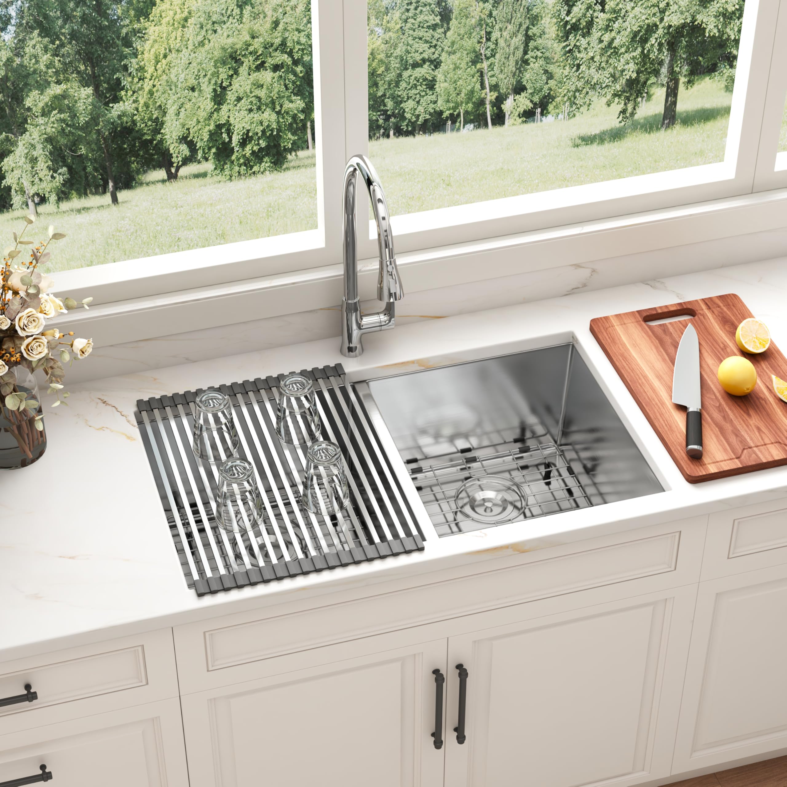 Blenzia 32 Inch Double Bowl Kitchen Sink Stainless Steel 16 Gauge Undermount Kitchen Sink 50/50 Equal Deep Sinks Strainer Is Inc