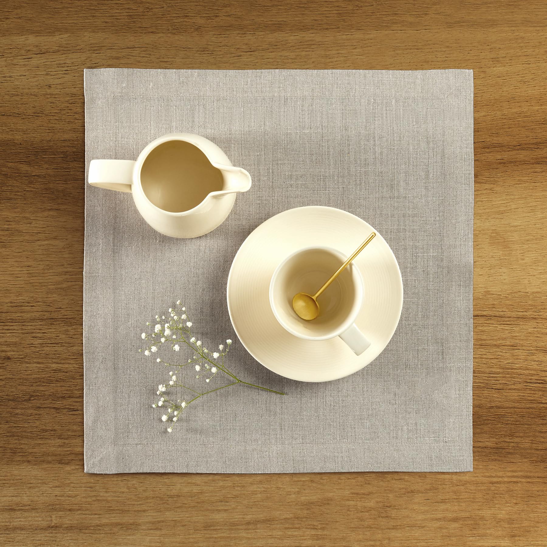 Solino Home Linen Square Placemats 14 X 14 Inch - 100% Pure Linen Natural Cloth Placemats Set Of 4 - Fete, Washable Fabric Place
