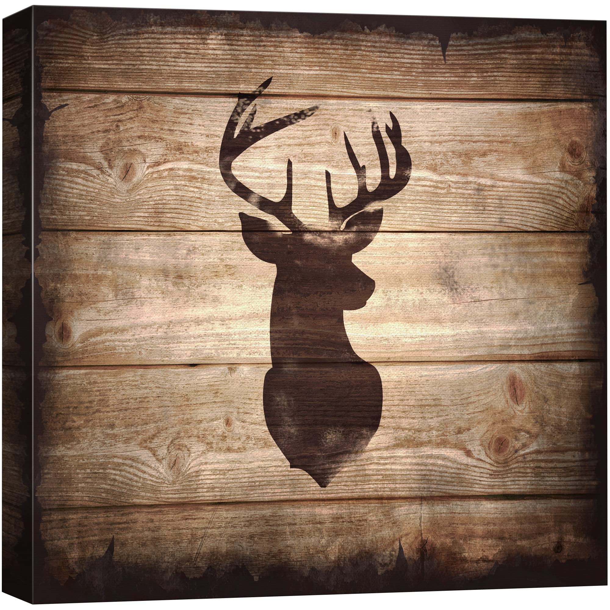 Wall26 - Square Canvas Wall Art - Deer With Antler Silhouette On Rustic Wood Board Texture Background - Giclee Print Gallery Wra