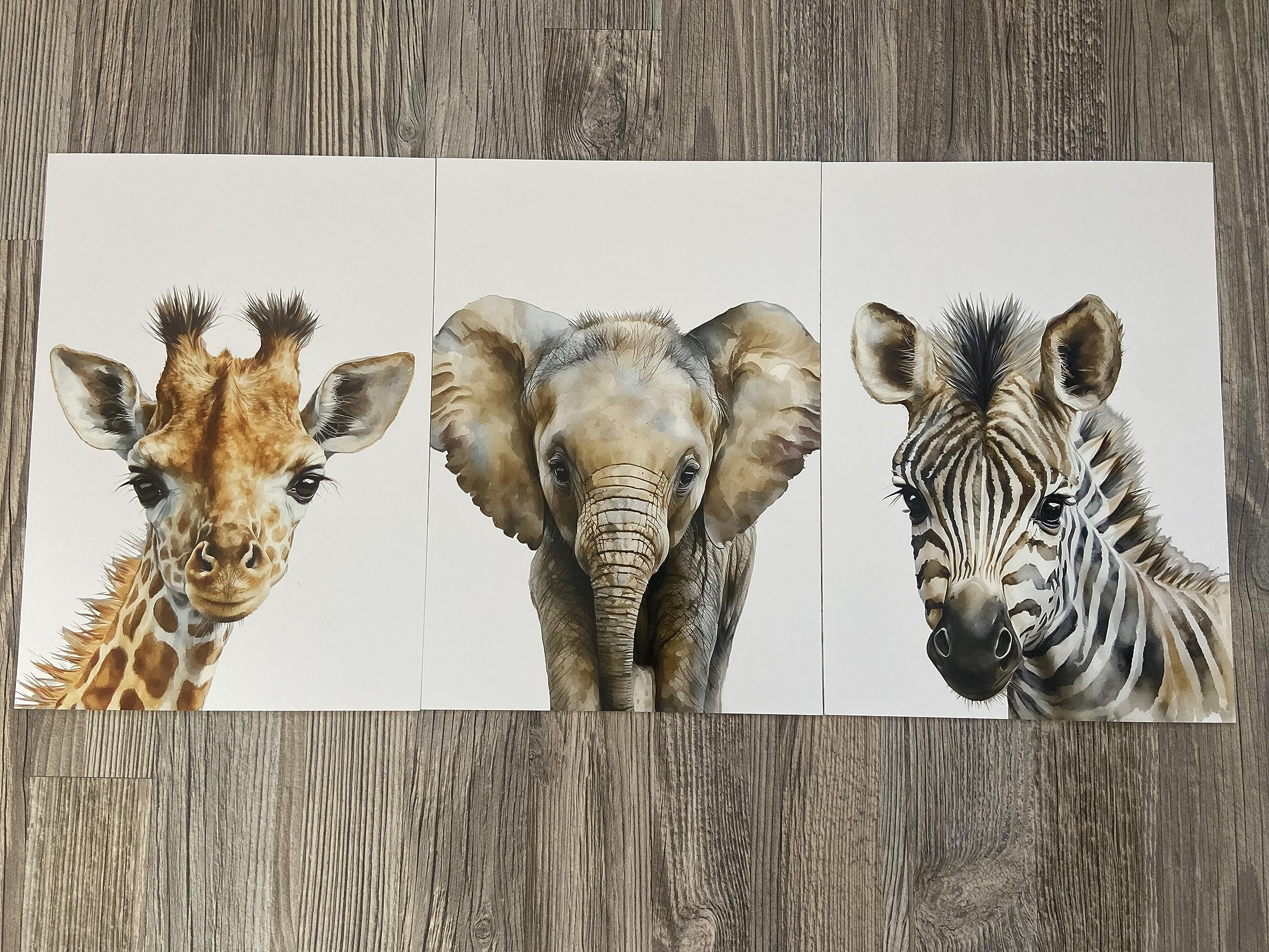 Safari Animals Set Of 3 Unframed Poster Prints, Baby Girl Boy Children Nursery Bedroom Playroom Wall Art Decor, Giraffe Elephant