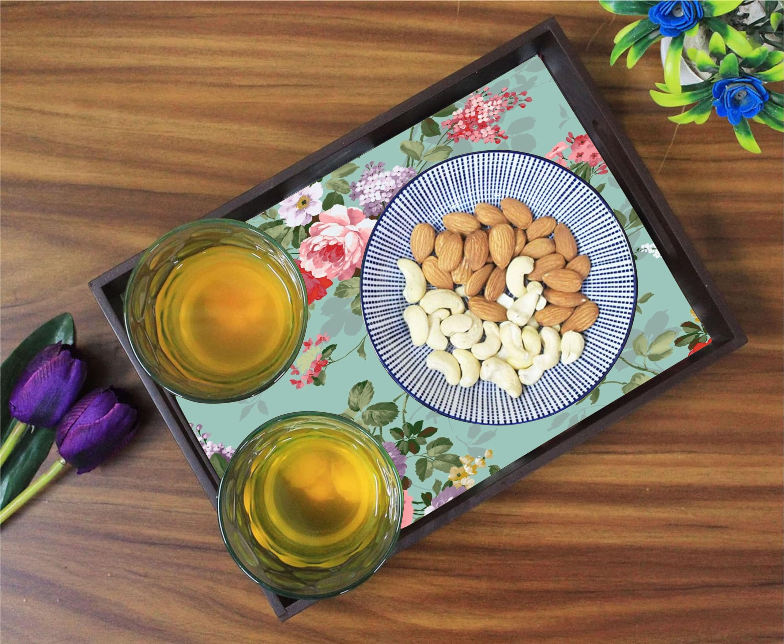 Enigmatic Woodworks Wooden Serving Tray With Handle I Rectangular Tea Breakfast Platter I Decorative Bathroom Decor I Kitchen Be