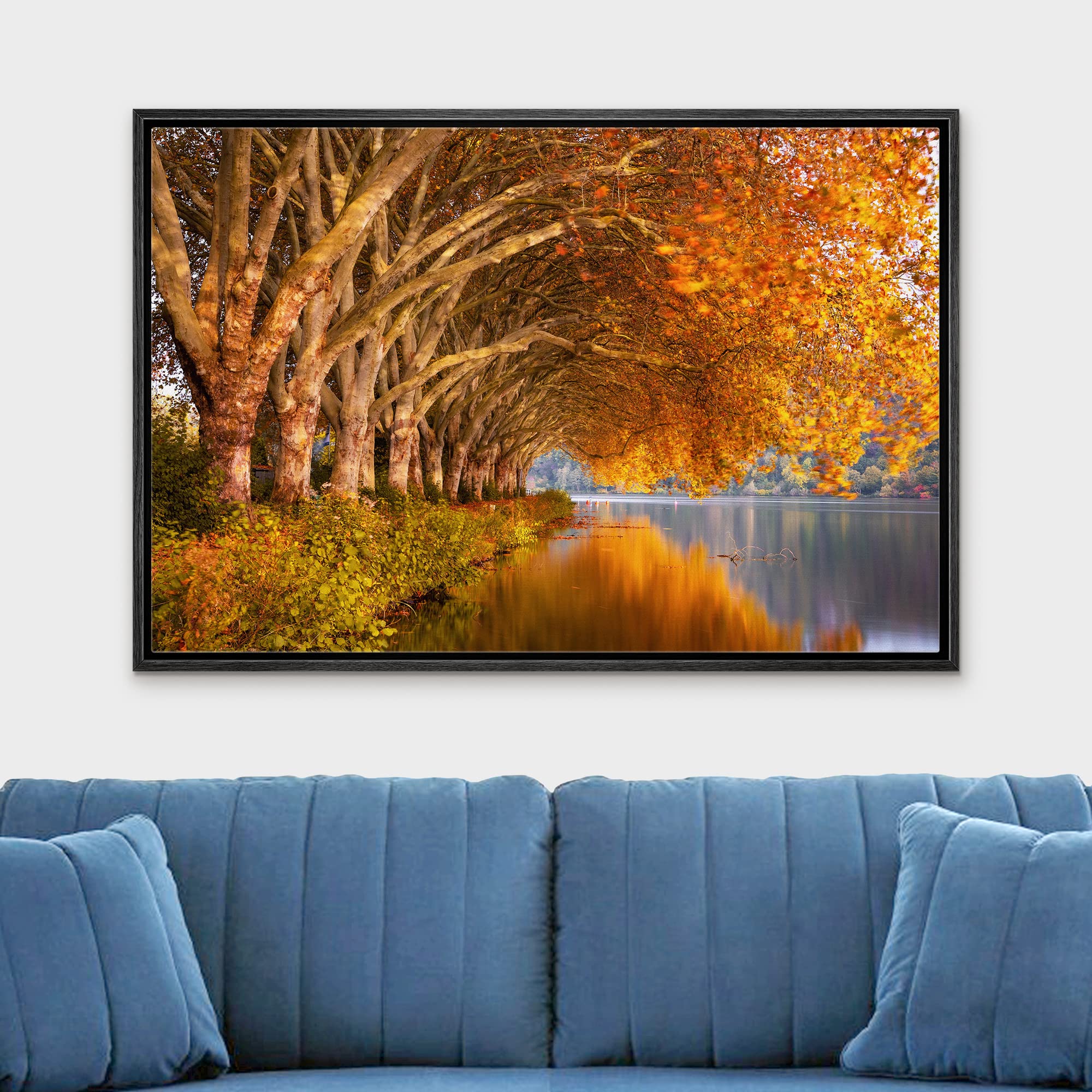 Wall26 Framed Canvas Print Wall Art Autumn Fall Orange Leaf Forest Lake Nature Wilderness Photography Realism Rustic Scenic Land
