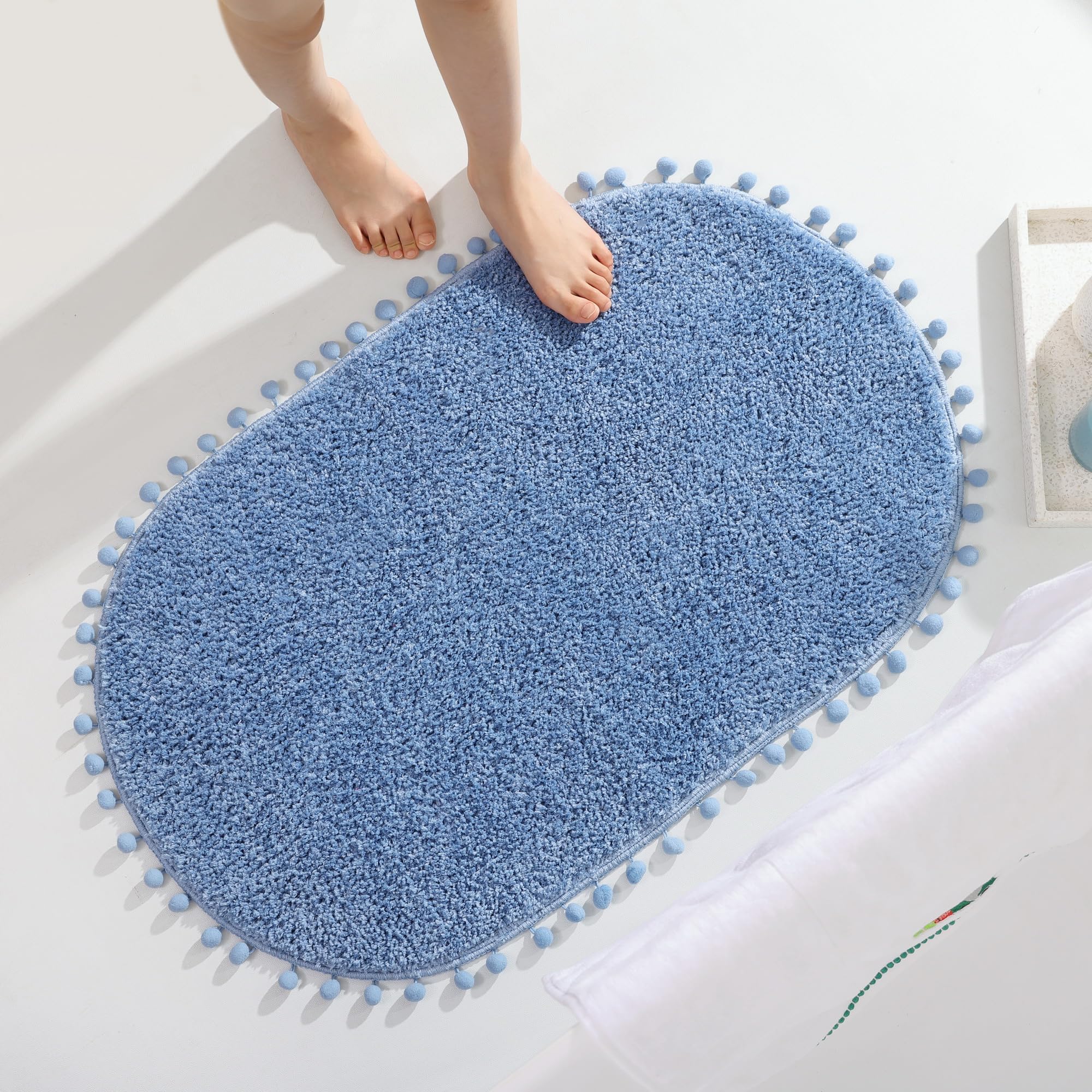 Yirddeo Blue Pom Bath Rug For Bathroom Non Slip, Cute Boho Pom Oval Absorbent Shower Mat, Plush Soft Washable Rug (20X30 Inches)