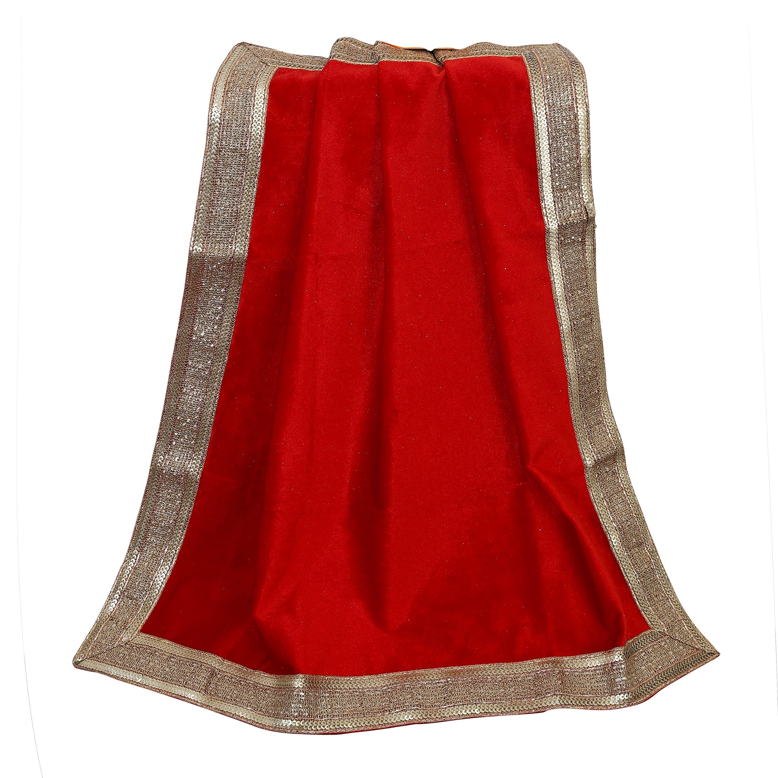 Indian Consigners Bright Red Velvet Cloth with Golden Shinny Border, Aasan Pooja Puja Cloth Poojan Table Cloth Holy Square Tarot
