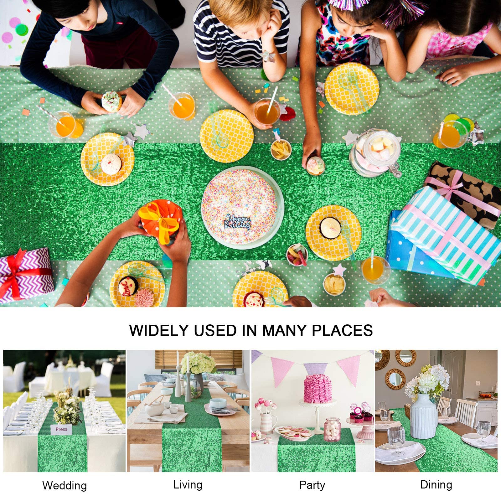 Yuboo Emerald Green Sequin Table Runners 12''X 108'' - 2 Pack Glitter Table Runner Dresser Cover Top For Green Birthday Party De