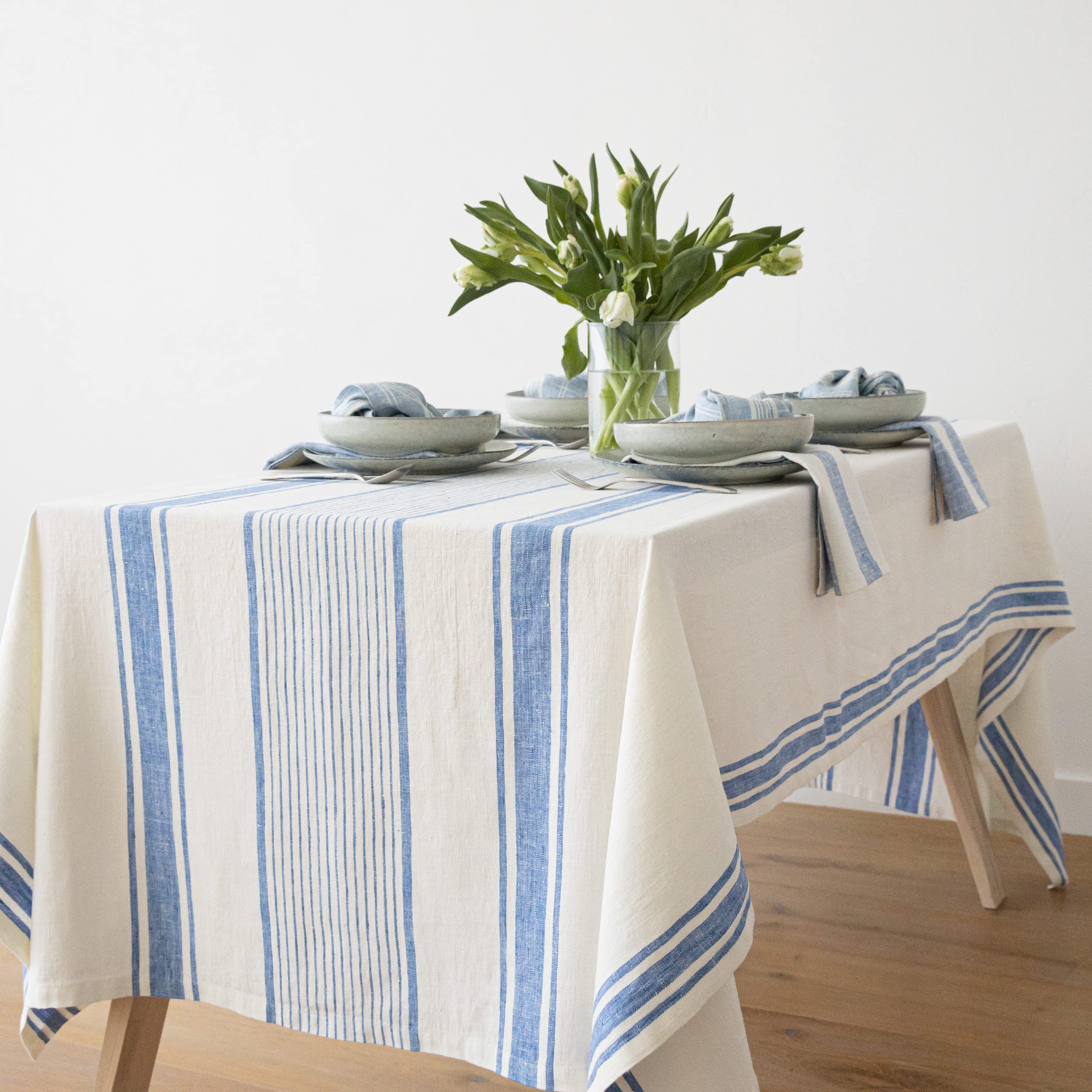 Linenme Linen Tablecloth Off White Blue Tuscany, 54 X 126