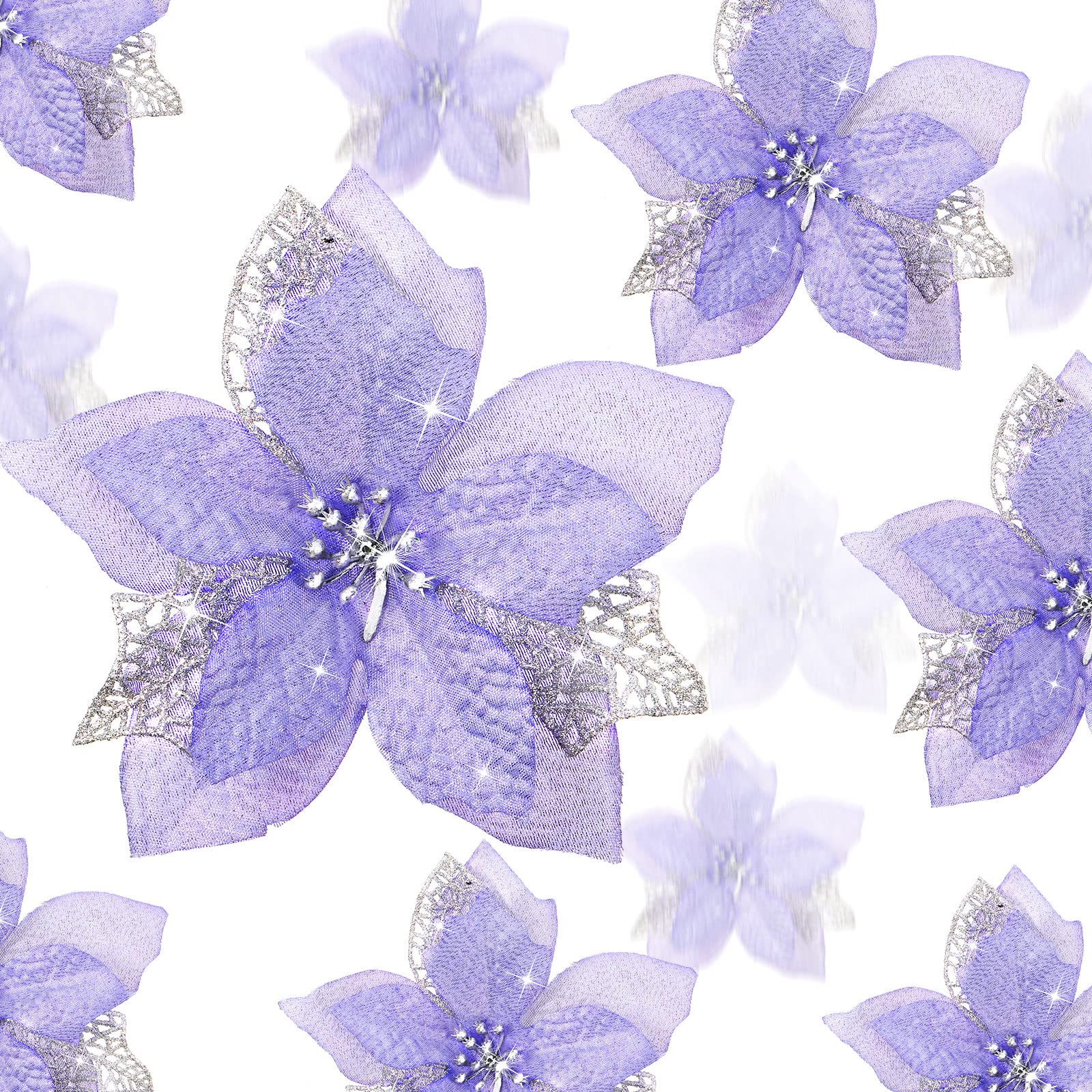 Boao 24 Pieces Christmas Artificial Glitter Poinsettia Flowers Xmas Flowers Wedding Christmas Tree New Year Ornaments(Purple)
