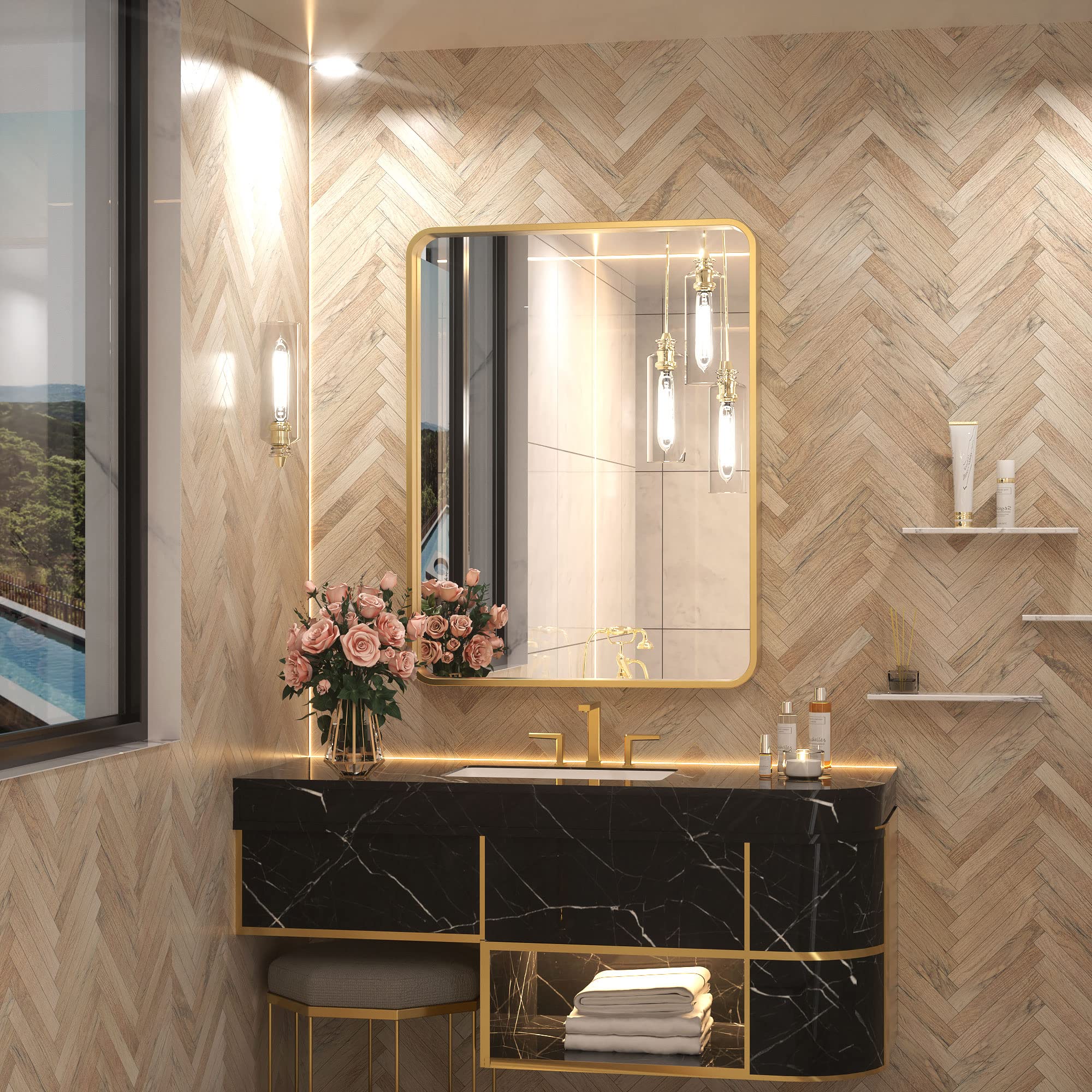 Tetote Brushed Gold Bathroom Mirror, 24 X 32 Inch Metal Framed Mirror, Brushed Brass Rectangle Wall Mounted Golden Vanity Mirror