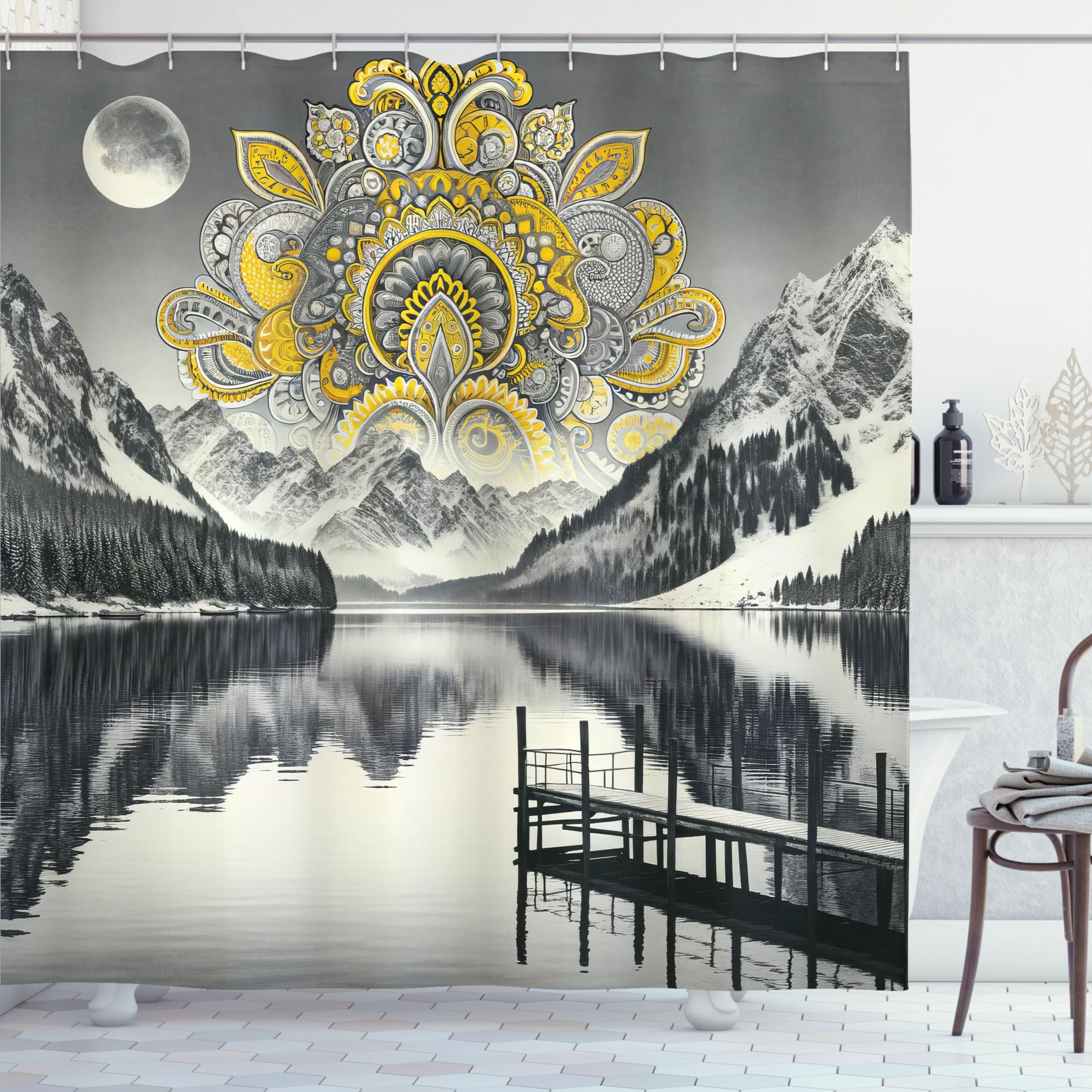 Ambesonne Lake Shower Curtain, Mandala Inspired Motif And Mountains Panorama In Grayscale Achromatic Colors, Cloth Fabric Bathro