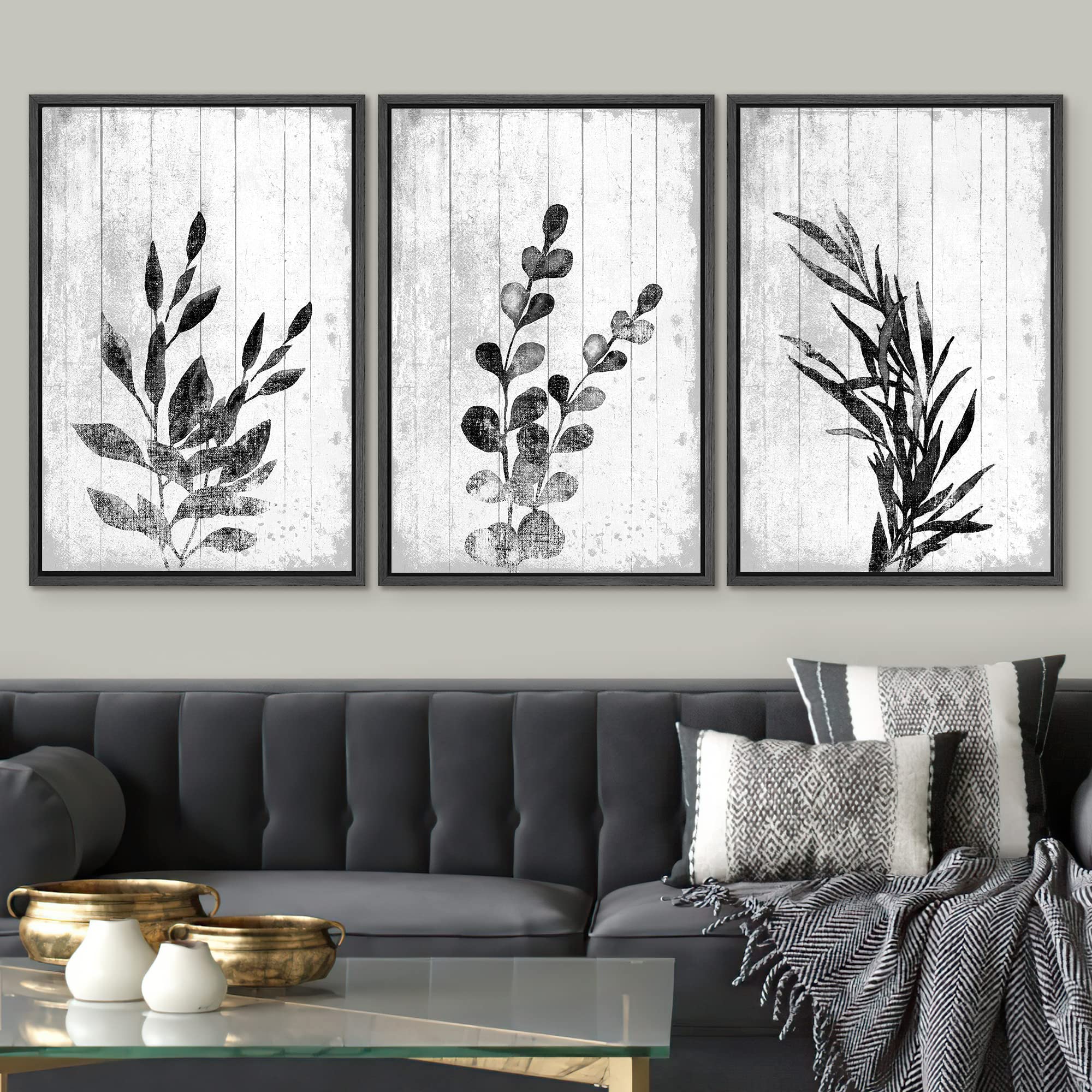 Signwin Framed Canvas Print Wall Art Black And White Leaves Silhouette Decorative Shapes Illustrations Modern Art Rustic Relax/C