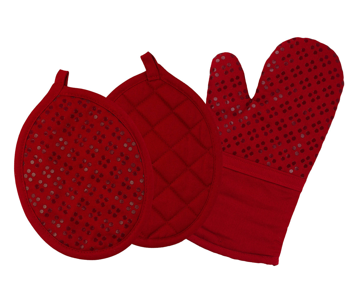 Sticky Toffee Oven Mitt And Pot Holders Set Of 3, Non-Slip Silicone Kitchen Hot Pads And Oven Mitts Set, Oeko-Tex 100% Cotton Sh