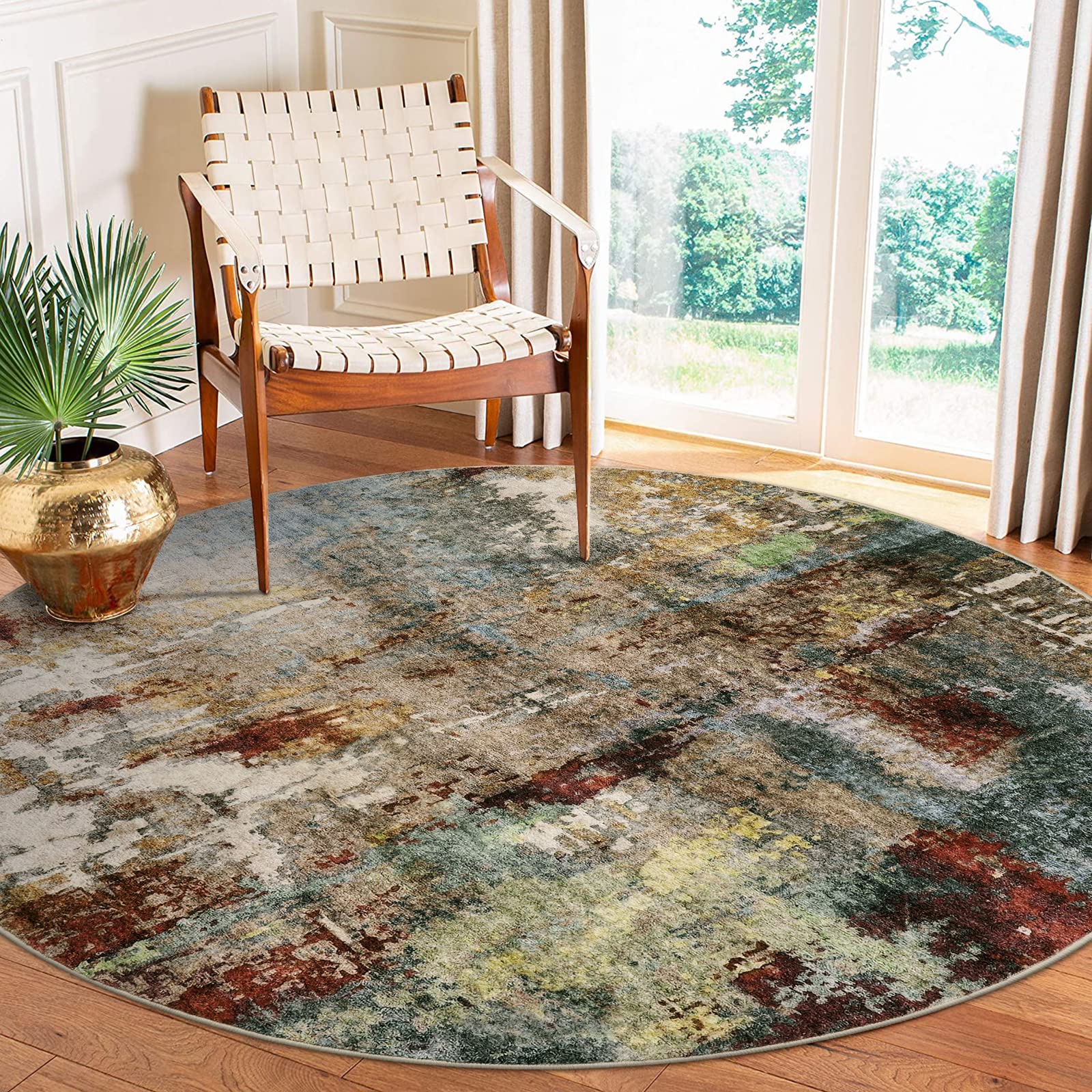 Lahome Modern Abstract Round Rug 6ft - Large Red Round Area Rugs for Bedroom, Machine Washable Soft Non Slip Living Room Mat Ind