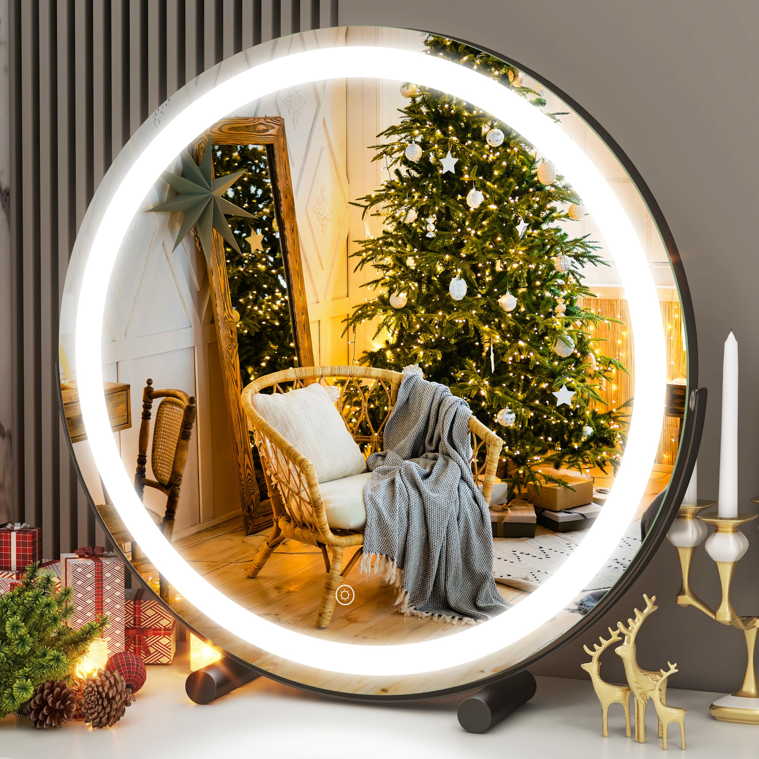 FENNIO 18 inch Large Vanity Mirror with Lights, Round LED Lighted Up Makeup Mirror, Large Makeup Mirror with Lights, Touch Scree