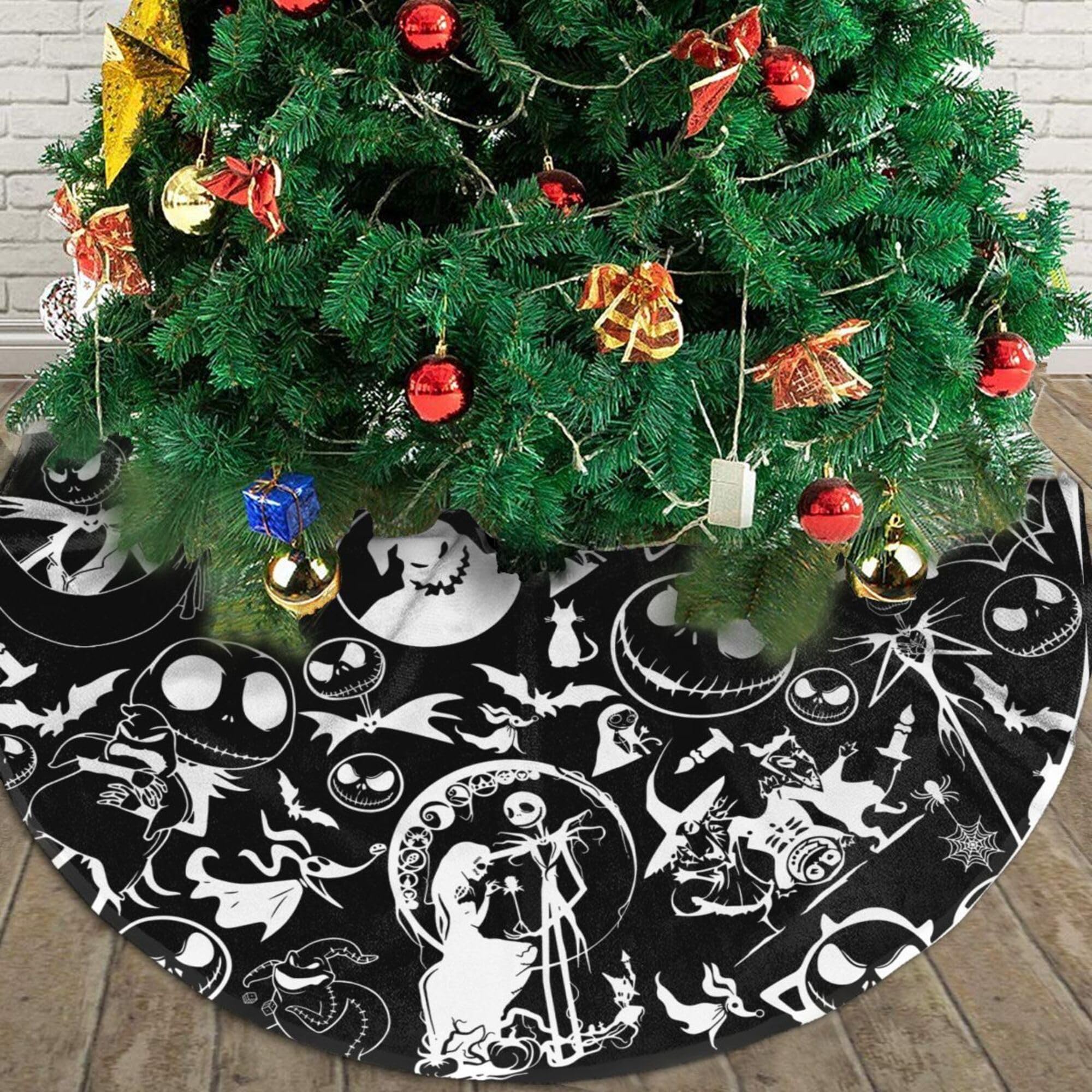 Happy Halloween Tree Skirt 48 in, Skull Christmas Tree Ornaments, Bat Spider Horror Party Decoration,Black