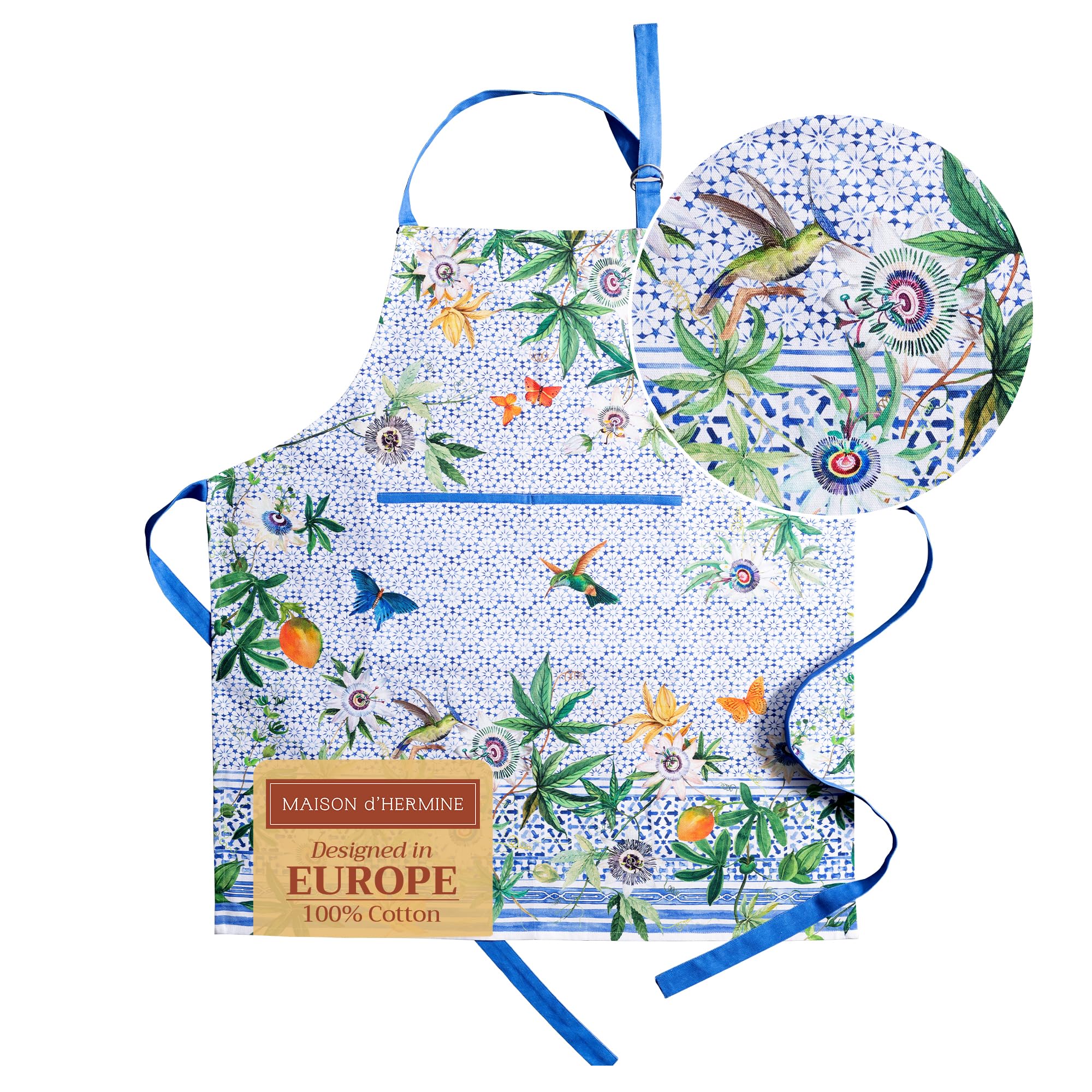 Maison d ' Hermine Apron 100% Cotton 27.50 Inch x 31.50 Inch 1 Piece Adjustable Neck Strap Cloth Apron with Center Pocket for Gifts  Women  Men  Chef  Passiflora - Spring/Summer