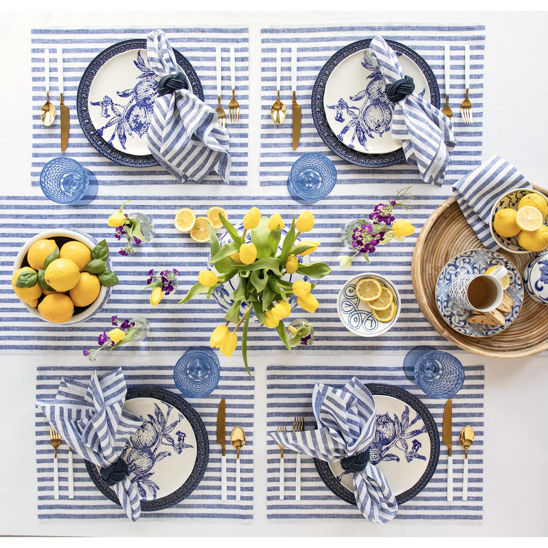 Solino Home Linen Placemats Set of 4 - Amalfi Stripe Navy and White Placemats 14 x 19 Inch - 100% Pure Linen Place Mats for Fall
