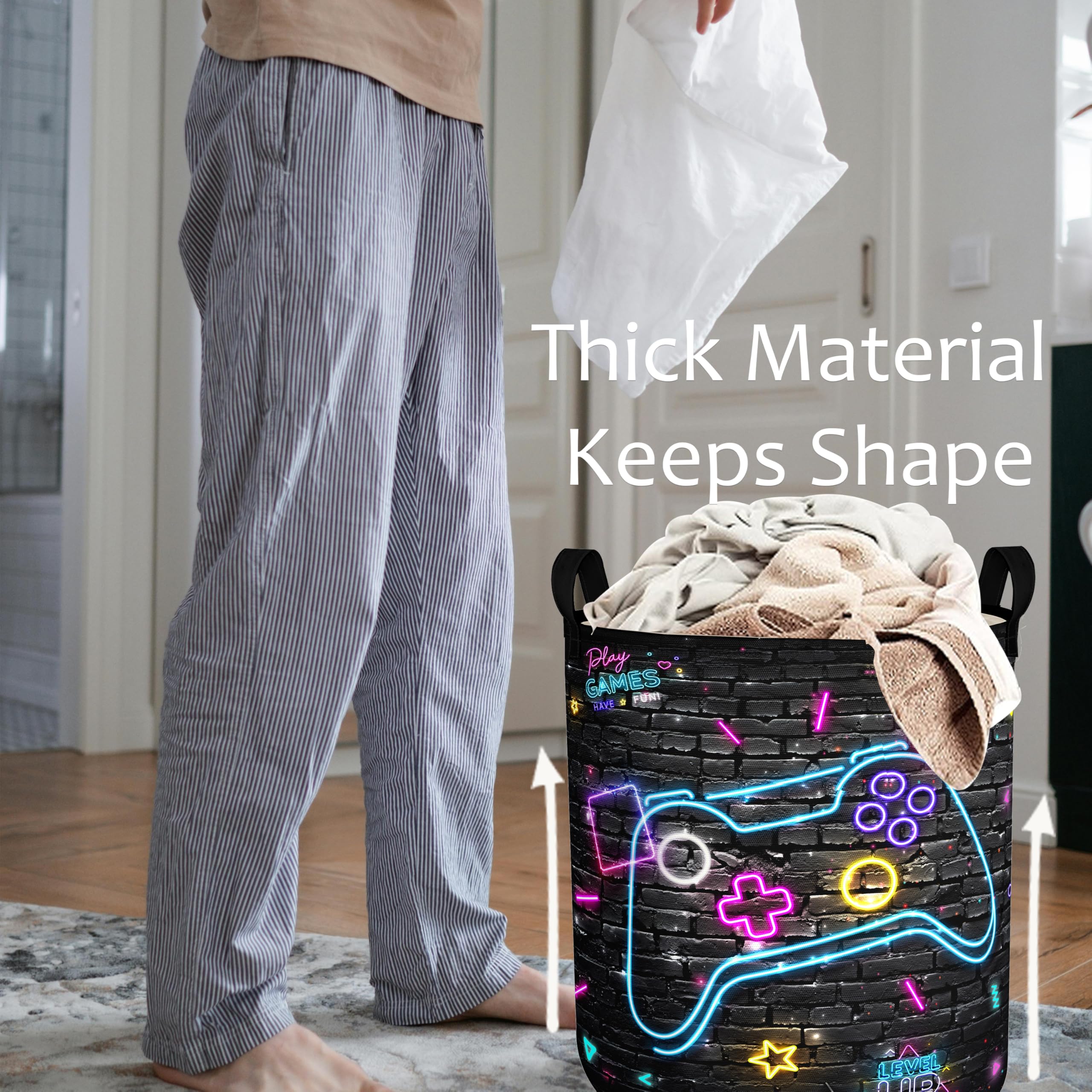 Gamer Laundry Basket Boys Hamper Foldable Kids Clothes Hampers Storage Basket Toy Organizer Boys Bedroom Decor (Neo Gamepad, 43L