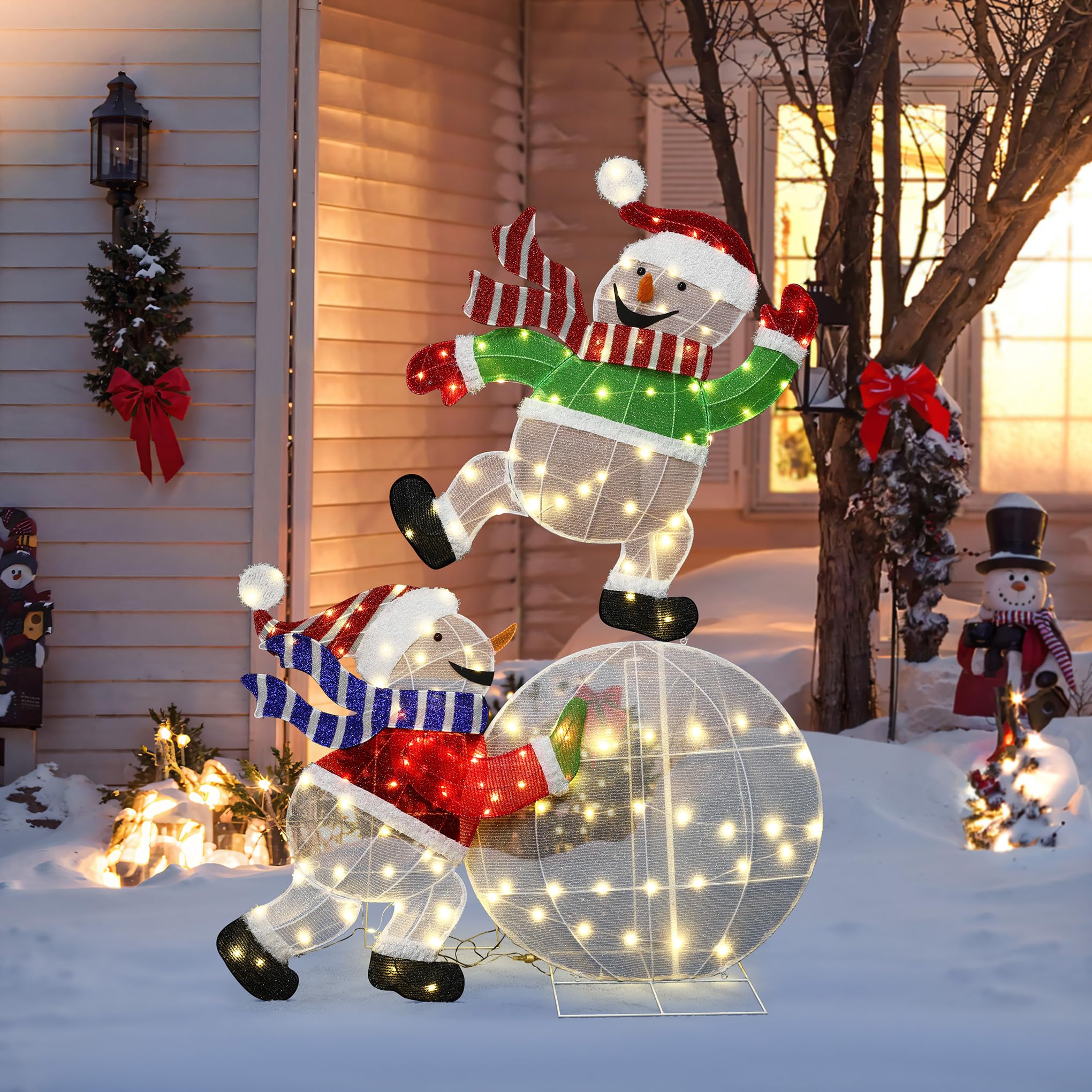 LuxenHome 5.5FT Lighted Snowman Outdoor Christmas Decorations, 2D Light Up Snowman on Snowball Christmas Decor with 140 LED Ligh