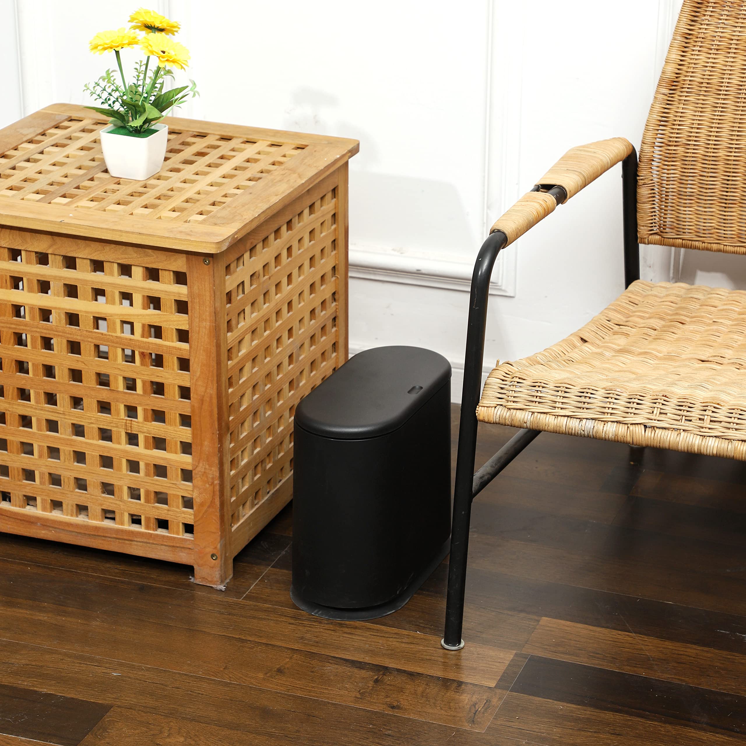 12 Liter Plastic Trash Can With Press Top Lid For Bathroom Black Narrow Dog Proof Garbage Can,3.17 Gallon Toilet Waste Basket An